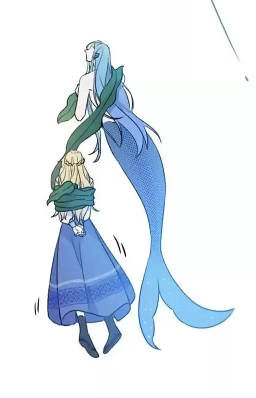 the image is an animestyle illustration of a mermaid and a young girl. the mermaid has long, flowing blue hair and a light blue tail. she is holding a green scarflike object. the girl is wearing a blue dress and appears to be bound or captured by the scarf. both figures are drawn in a delicate style with soft, pastel colors.  the background is a simple white, focusing attention on the characters. the overall style suggests a scene from a fantasy or fairytale story.