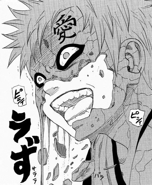 a closeup black and white manga panel depicting gaara from naruto, heavily injured and screaming. his face is cracked and broken, revealing the kanji for "love" on his forehead.  shards of his skin and clothing are falling away, showing the severity of his wounds.  japanese onomatopoeia is visible, illustrating the sound of his scream and the impact of the attack. the image is dynamic and intense, highlighting the character's pain and struggle.