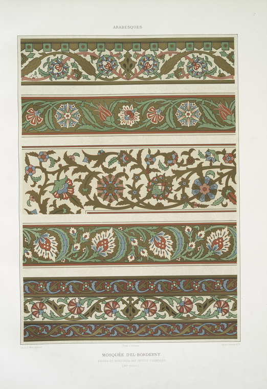 the image shows a vintage print titled "arabesques," featuring a series of decorative borders in a floral and geometric style. the patterns appear to be inspired by islamic art, possibly from mosque decorations. the color palette includes muted tones of green, brown, red, and blue.