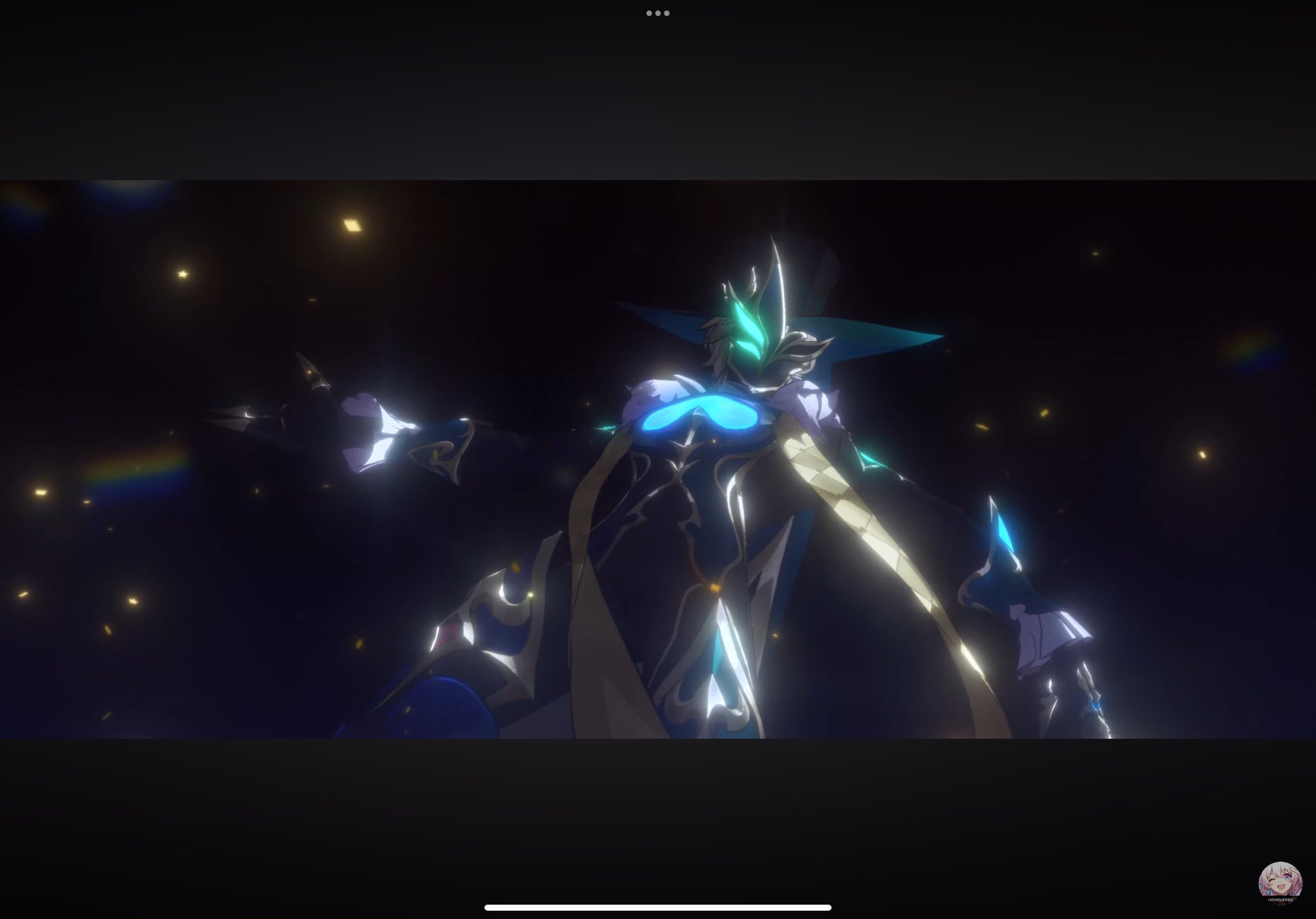 an anime character, dressed in a glowing blue and green suit of armor, stands with arms outstretched against a dark background, strewn with shimmering stars. the character is shining brightly, with their armor glowing strongly.