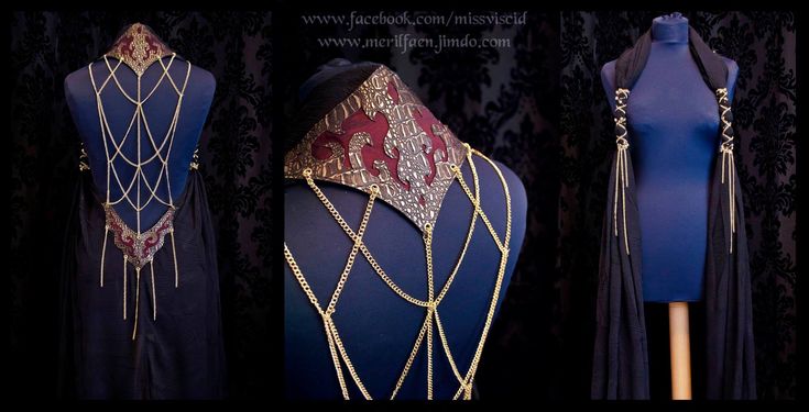 the image contains three separate photos depicting a fantasy garment displayed on mannequins. the central focus is on a burgundy and gold dragonthemed necklace or collar with draping gold chains that extend down the back. this collar is showcased from a closer view, revealing the detailed design. the mannequin is navy blue in color. the photos on either side show the full length of the garment, which also includes a long capelike piece adorned with gold chains. the images are set against a dark, damaskpatterned background. a url for facebook and the website is visible at the top.