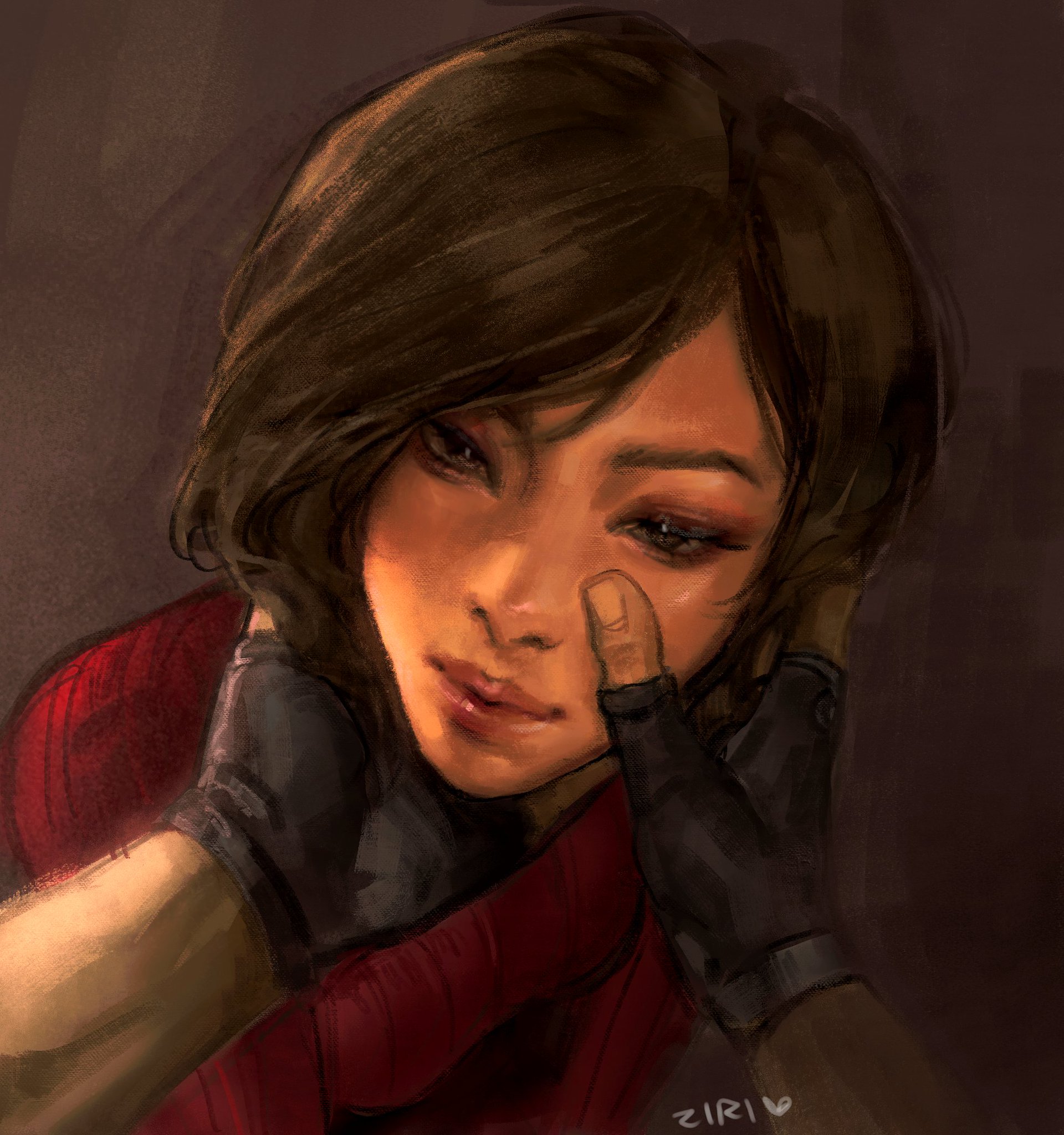 a digital painting depicts a woman with short, dark hair. her face is tilted downward with a pensive or sad expression, and a gloved hand is gently touching her face. she's wearing a red jacket. the background is blurred.