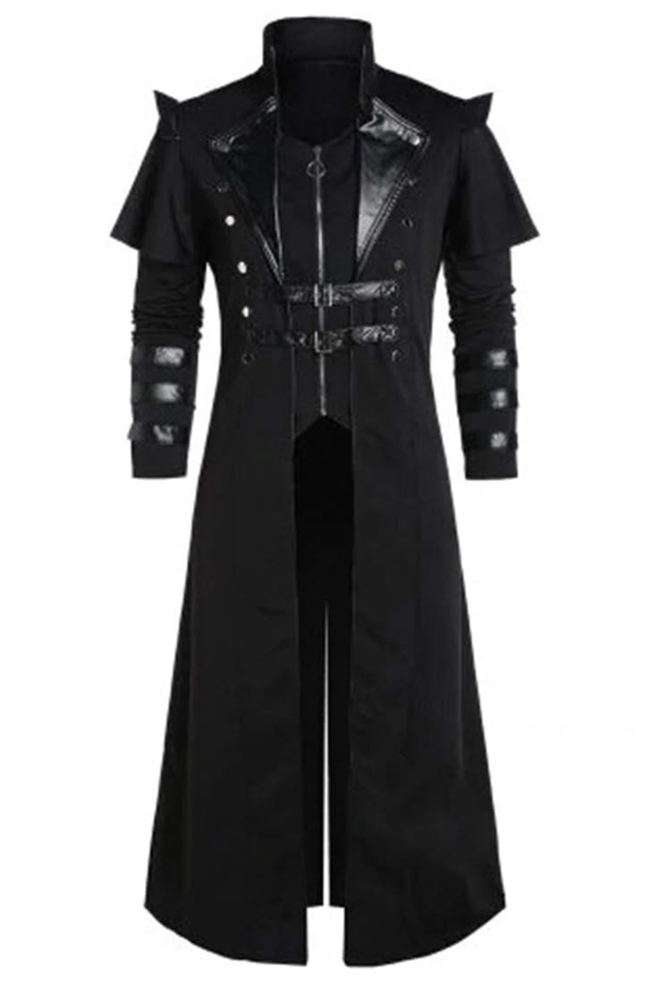 a fulllength view of a long, black, gothic steampunkstyle coat. the coat features a stand collar, a zipper front, and buckle details. it has long sleeves with banded details and decorative shoulder flaps. the length of the coat reaches the calf, and it has a somewhat tailored, gothic appearance with button accents.
