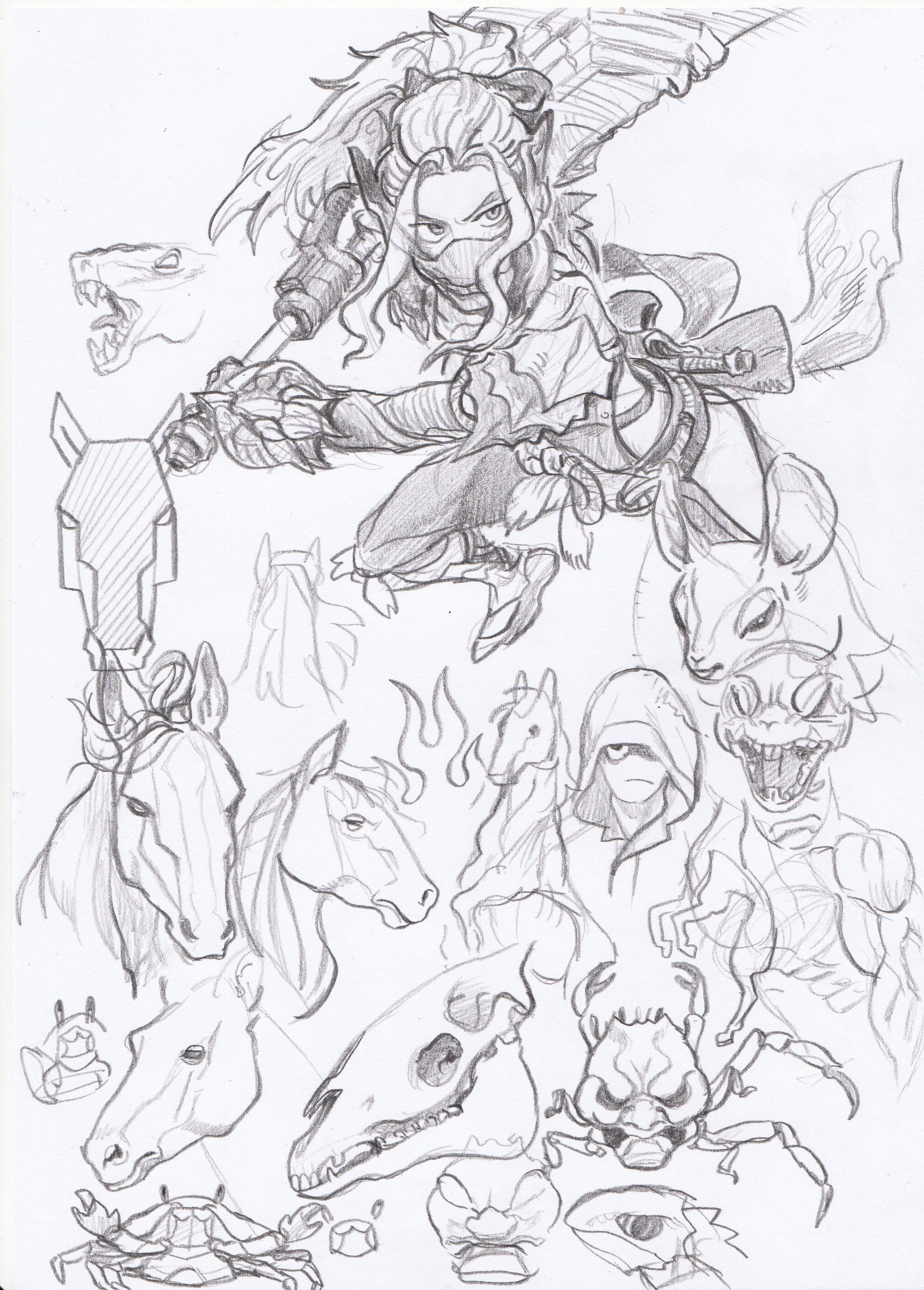 a collection of sketches of various characters and creatures, including a female warrior with wings, horses, crabs, skulls, and fantastical beings. the drawings are done in pencil and have a whimsical, dreamlike quality.