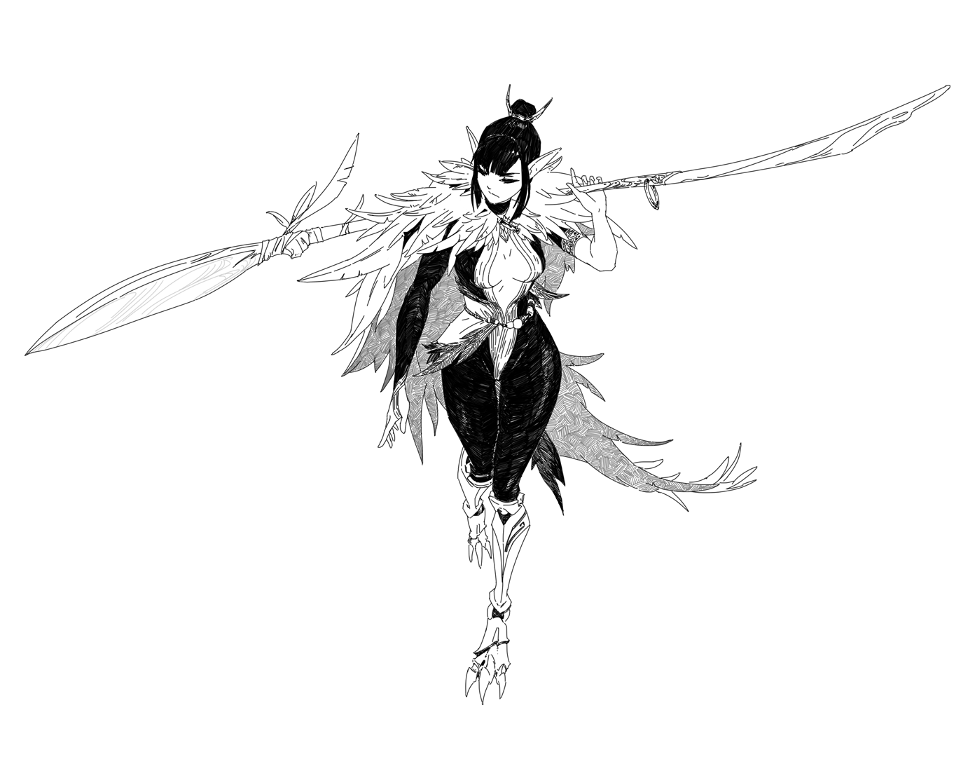 the image is a black and white ink drawing or sketch of a female anime/mangastyle warrior. she has dark hair pulled back in a bun, pointed ears suggesting an elven or similar fantasy race, and is wearing a feathered cloak or garment with intricate details. she holds a long, slender spear or polearm across her shoulders. her attire includes a bodysuit and armored or clawed leg pieces. the overall style is elegant yet powerful, with a focus on sharp lines and detail. the background is plain white, making the character the central focus. the art style suggests a blend of fantasy and potentially some elements of dark fantasy or gothic aesthetic.