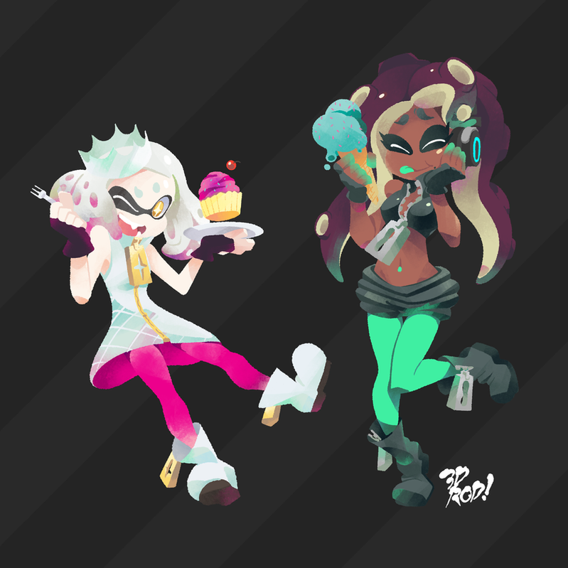 this is a digital illustration featuring two female cartoon characters. the character on the left is a white inkling, she has pink hair and is wearing white clothes. she is holding a fork and a plate with a cupcake on it. the character on the right is a brown inkling, she has purple hair and is wearing a black outfit with green leggings. she is holding an ice cream cone. they are both smiling and seem happy.