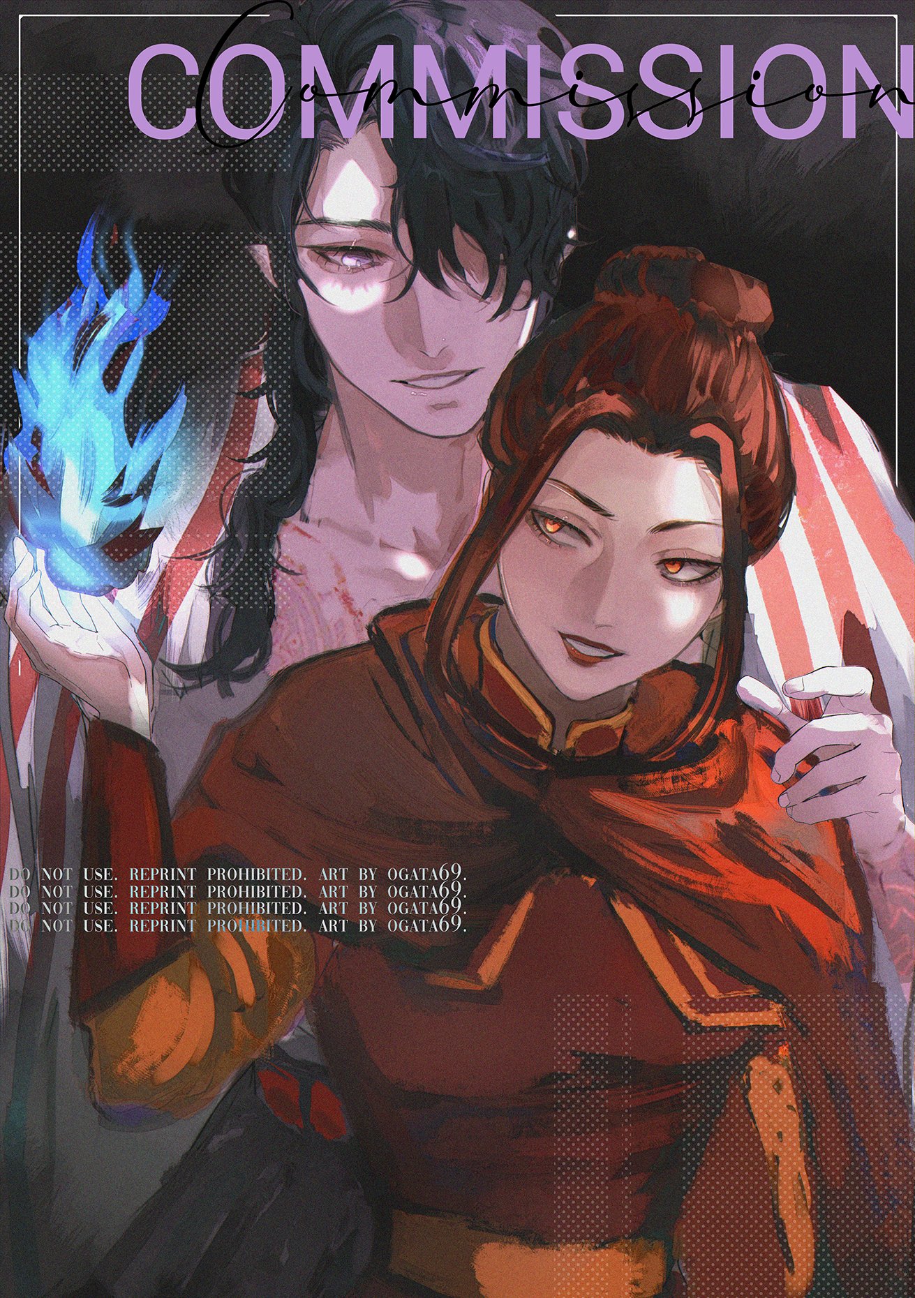 this is a digital art illustration of an anime style couple. the male character is holding a ball of blue fire in his hand, while the female character is holding his arm with a smile on her face. they are both wearing elaborate and brightly colored outfits.  a text overlay "commission" and a watermark "do not use, reprint prohibited, art by ogata69" are visible in the image.