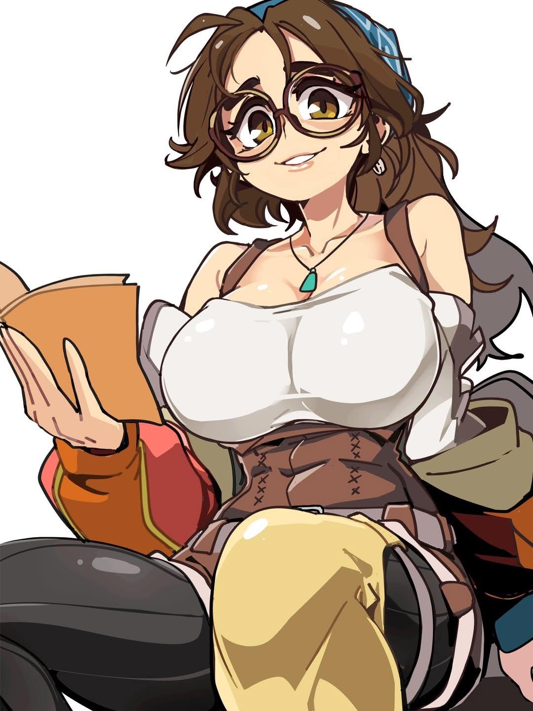 the image shows an animestyle cartoon of a woman with brown hair and glasses, sitting and holding a book. she's wearing a white top, a brown corset, and a necklace with a blue pendant. she also has a blue bandana in her hair. the art style is typical of anime. she has big breasts.