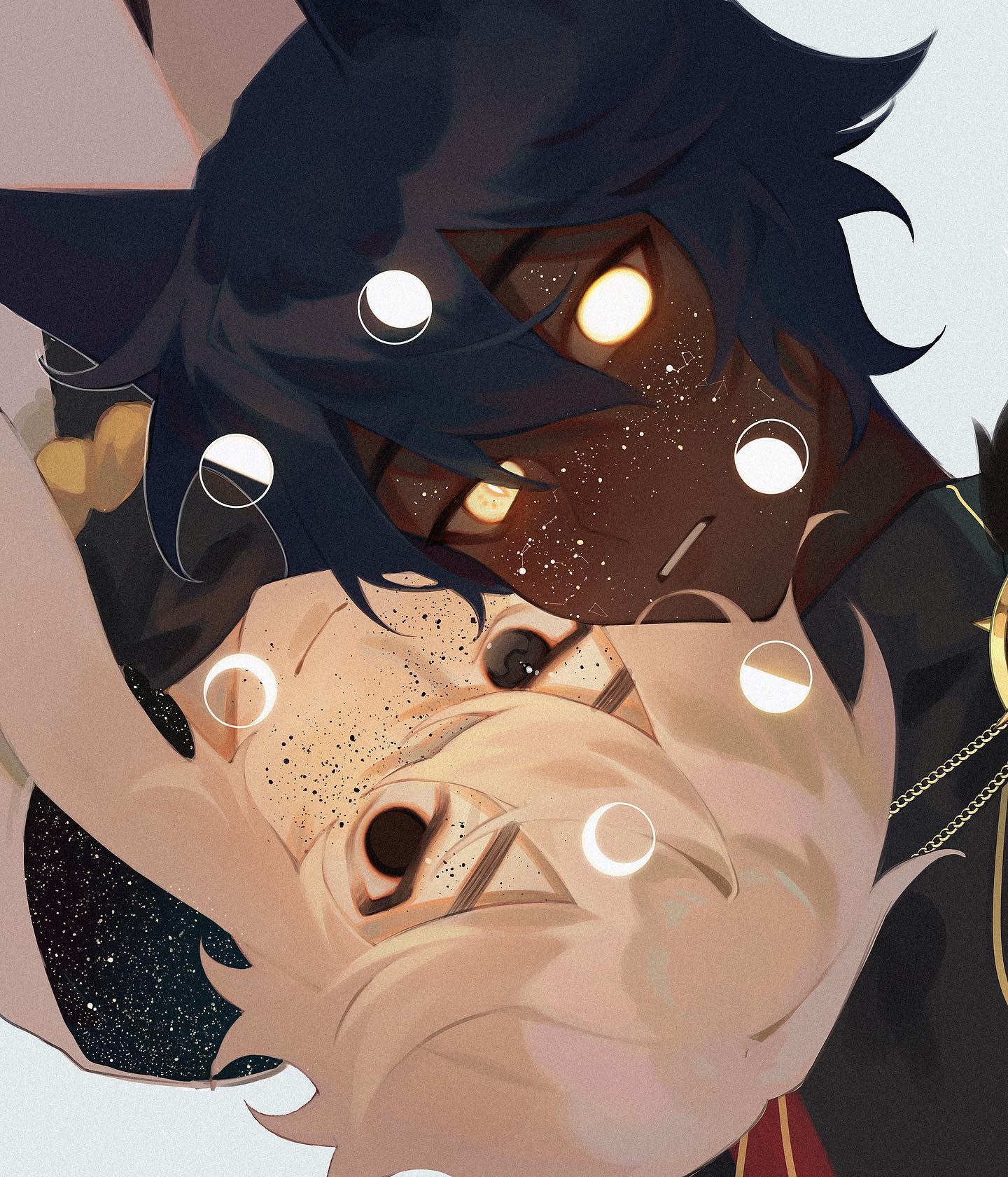 the image is a digital fan art illustration depicting a closeup of two animestyle characters intimately embraced. one character has dark skin and dark blue hair styled like wolf ears, their eyes glowing with an inner light reminiscent of stars. the other character has light skin and pale blonde hair. both characters are adorned with subtle crescent moon and star details on their faces and clothing. the background is simple and light, allowing the characters and their intricate details to be the focus. the overall style is soft, romantic, and mysterious, suggestive of a celestial or magical theme. the composition and lighting create a tender and visually appealing piece.