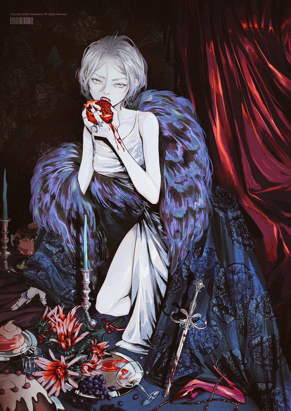 the image is a digital art illustration of a young woman with white hair, wearing a white gown with a purple feather boa, eating a pomegranate. the scene is dark and mysterious, with candles, flowers, wine, and a dagger on the table in front of her. the woman has blood on her hands and dress, and the overall mood is one of elegance and fantasy.