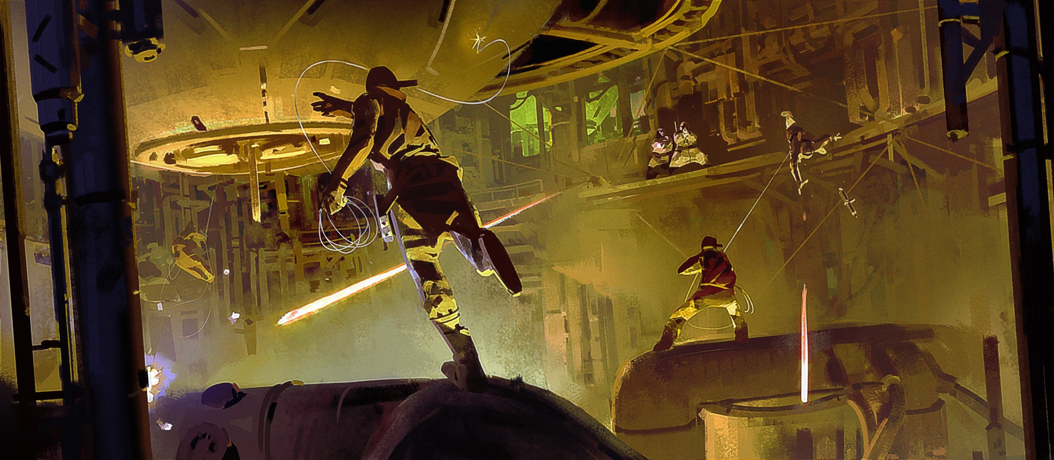 a digitally painted image of a futuristic setting. it is dark and industrial in nature. there are three characters in the image, all in combat gear. the character closest to the viewer is wearing a dark green jumpsuit, with a large metal pipe, or tube, over their shoulder. the character is looking upward, to the left, toward another character who is standing above them on a platform.  this character is dressed in dark clothing with a hat, and also holding a metal pipe. the character closest to the viewer appears to be flying up toward the character on the platform. the other character in the image is a silhouette, seen from the back, standing on a high platform. this figure is dressed in brown. the image is full of industrial elements, such as metal beams, pipes, tubes and cables. there are many layers of metal, and the scene appears to be very high above the ground, as seen from the perspective of the character closest to the viewer.