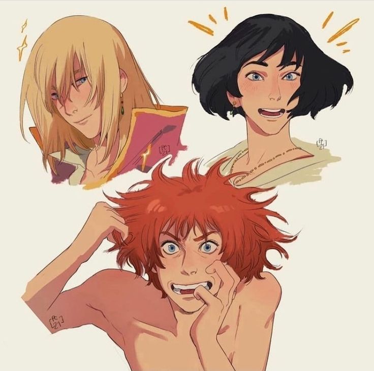 this is a drawing of three anime characters. on the top left is a young man with long blonde hair, wearing a red cloak. in the upper right, a young woman with black hair is shown. she is wearing a light tan colored outfit. the third character is a young man with red hair, wearing no clothes. he is sitting on the bottom right side of the image, with his arms up to his face and looking very embarrassed.