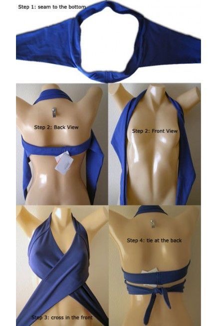 the image is a guide on how to tie a blue scarf into a halter top. it shows a seam to the bottom, a back view, a front view, crossing in the front, and tying at the back.