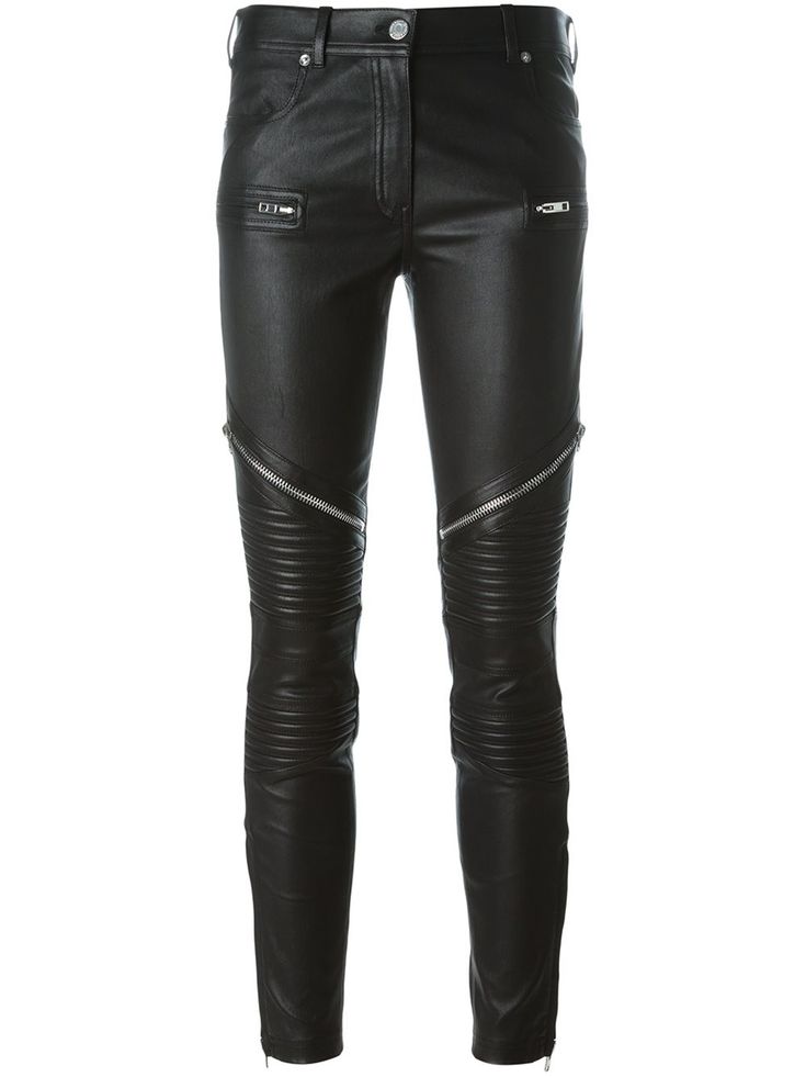 a pair of black leather biker pants with zippers on the upper thighs and at the hems. the legs have quilted panels.