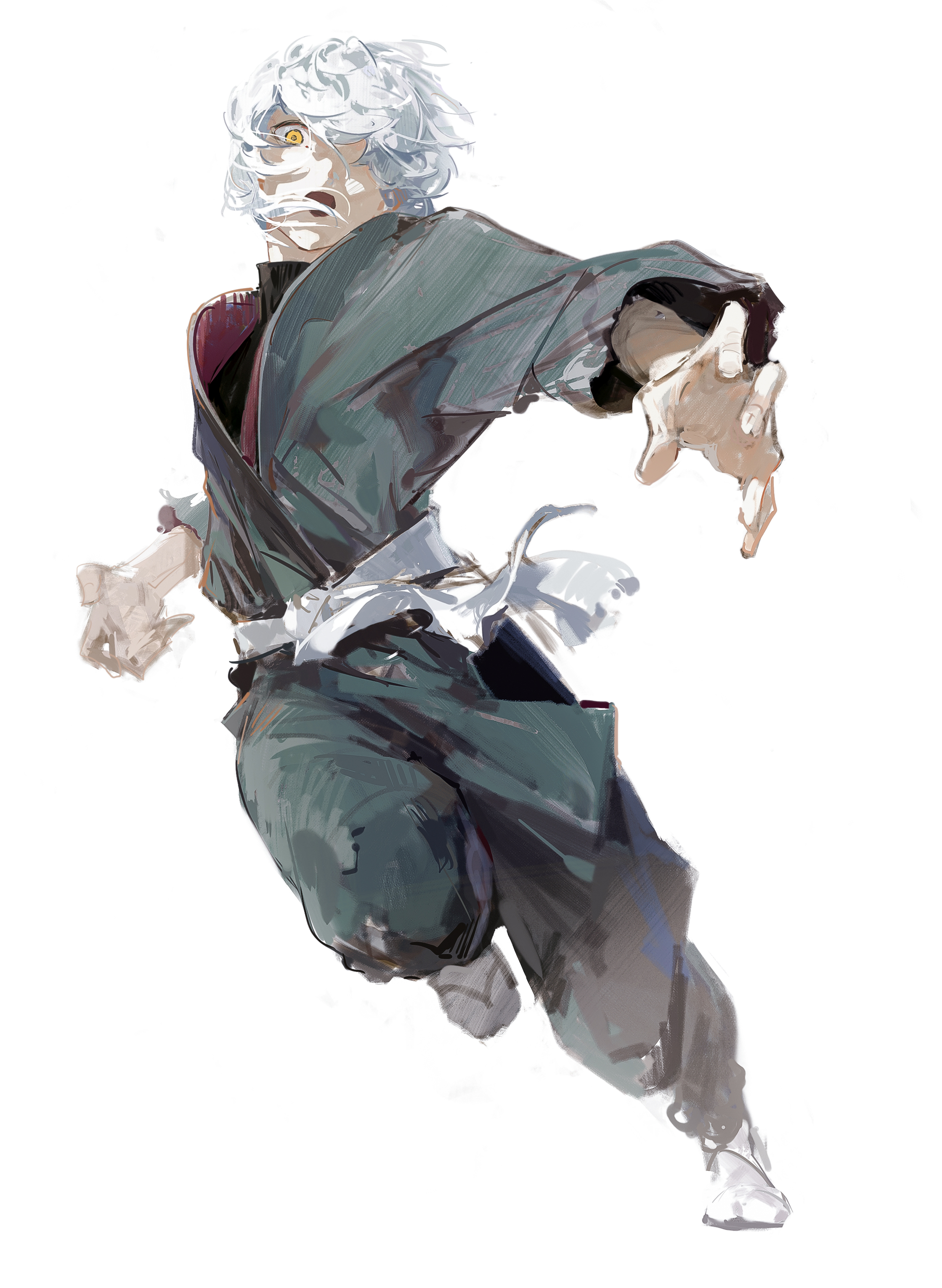 this is a digital art illustration of an anime male character with white hair. he is dressed in a green and black ninja outfit, and he is jumping forward in a dynamic pose with his arm outstretched, as if he is about to attack. the illustration has a very dynamic and actionpacked feel.