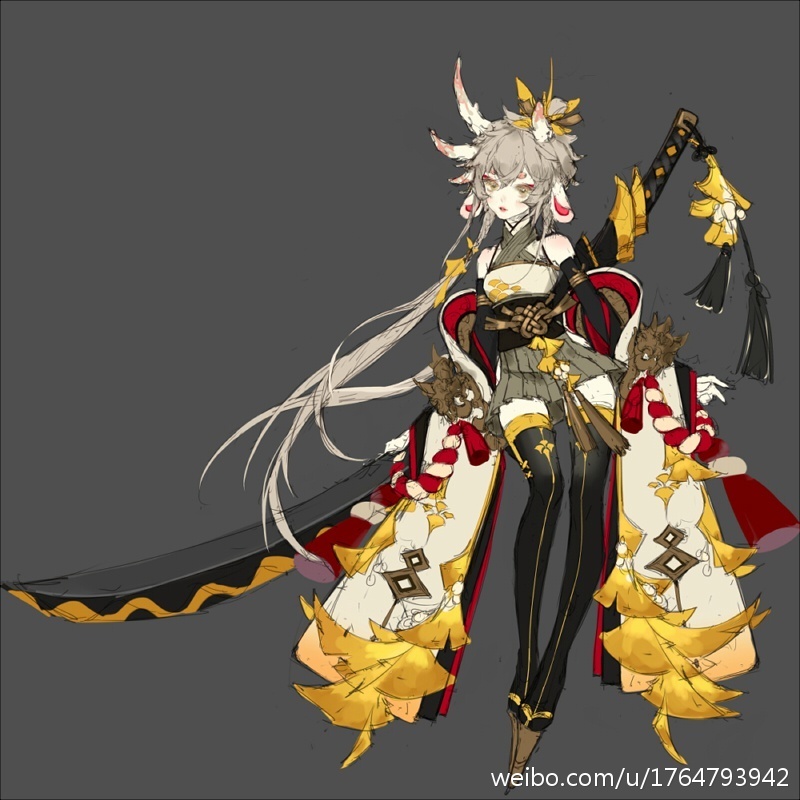the image depicts a female anime character in a warrior pose with a sword. she has long white hair and horns, and she's wearing a beautiful red and gold outfit. the background is a simple gray color, which makes the character stand out.  the artwork is welldrawn, with great attention to detail. it would make a great fan art for anime lovers.