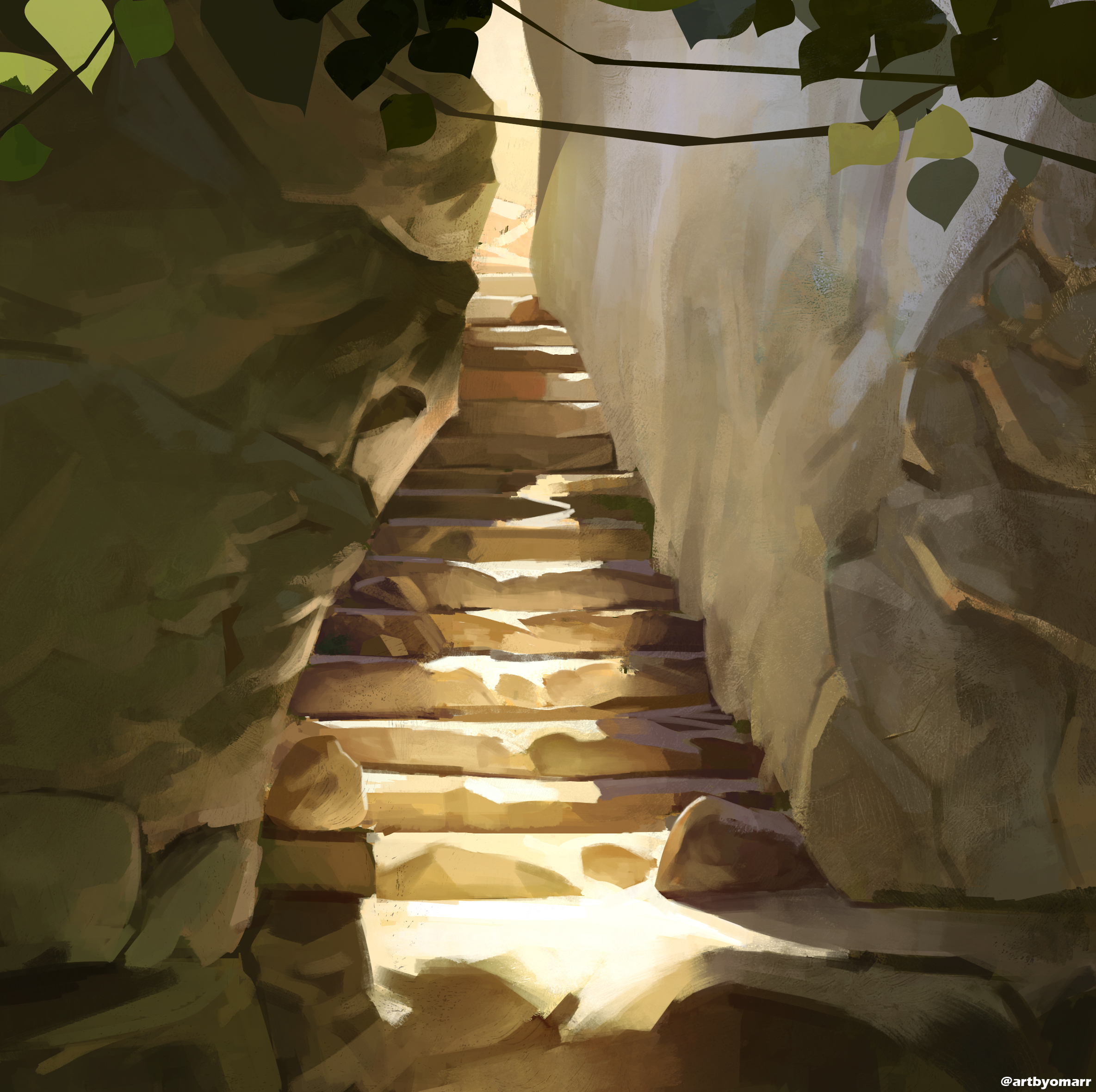 he image is a digital painting depicting a stone staircase winding upward between two rock walls. sunlight streams down from above, illuminating the steps and casting shadows on the surrounding rocks. the walls are textured and uneven, showing the natural formations of the stones.  green leaves from overhanging foliage are partially visible at the top of the image, adding to the sense of a natural, possibly hidden or secluded location. the overall mood is one of mystery and quiet contemplation. the style is painterly and impressionistic, with visible brushstrokes and a focus on light and shadow.