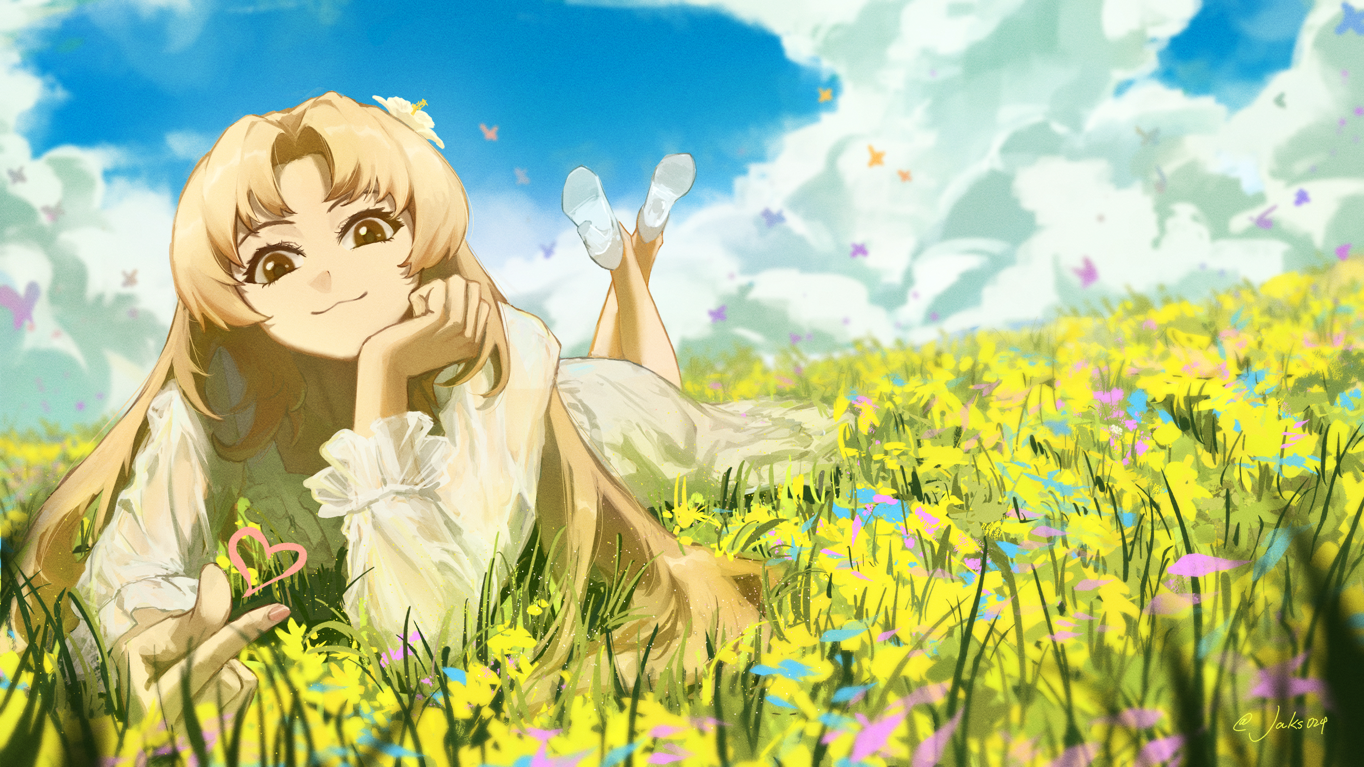 the image shows a young woman with long blonde hair lying on her side in a field of yellow flowers. she is wearing a white dress and has a happy expression on her face. the sky is blue and there are white clouds in the background. butterflies are fluttering around her. the overall atmosphere is one of peace and happiness.