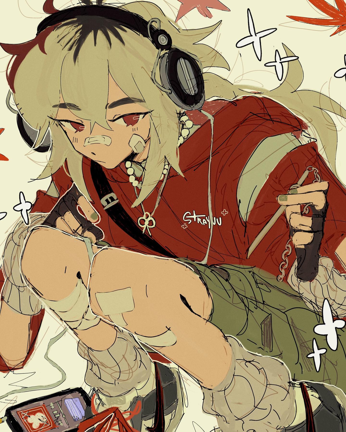 a stylized illustration of a young man with white hair and red eyes wearing a red hoodie and headphones. he is sitting and looking down, seemingly focused on adjusting something in his lap with a neutral expression. the background is a warm cream color with scattered red and orange leaves, suggesting an autumnal setting. his attire features streetwear elements like loosefitting clothing, chains, and bandages, adding to his edgy and fashionable appearance.  the artwork is rendered in a sketchy style with bold linework and a muted color palette.