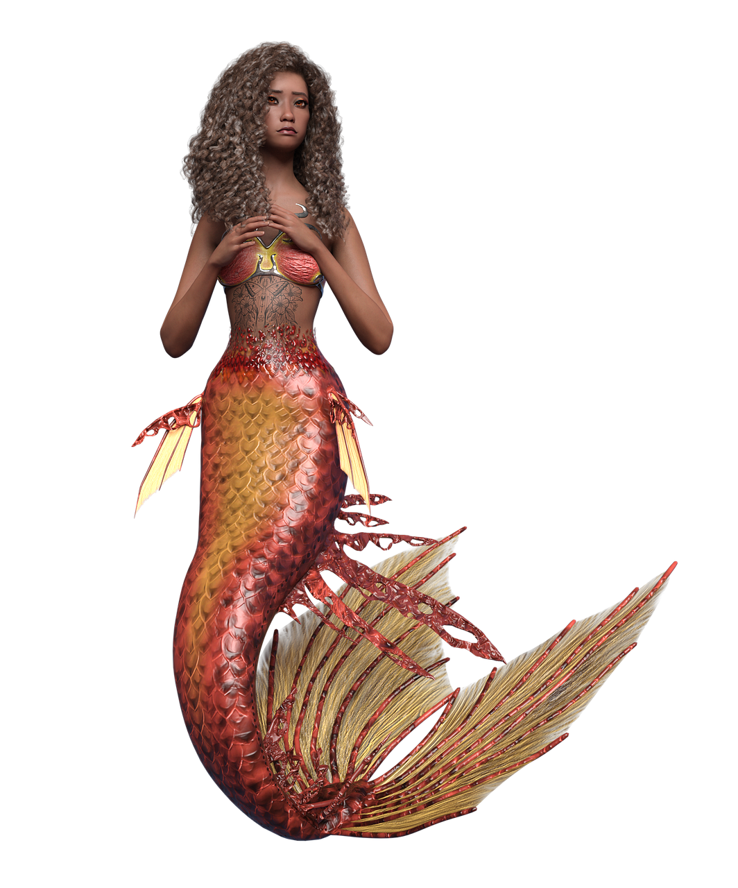 a digitally rendered image of a mermaid with dark skin and curly hair against a black background. the mermaid has a red and gold fishtail with detailed scales and ornate fins. she is wearing a small top and has a tattoo on her torso. her facial expression is somewhat solemn. the image is welllit and detailed, emphasizing the fantasy elements.