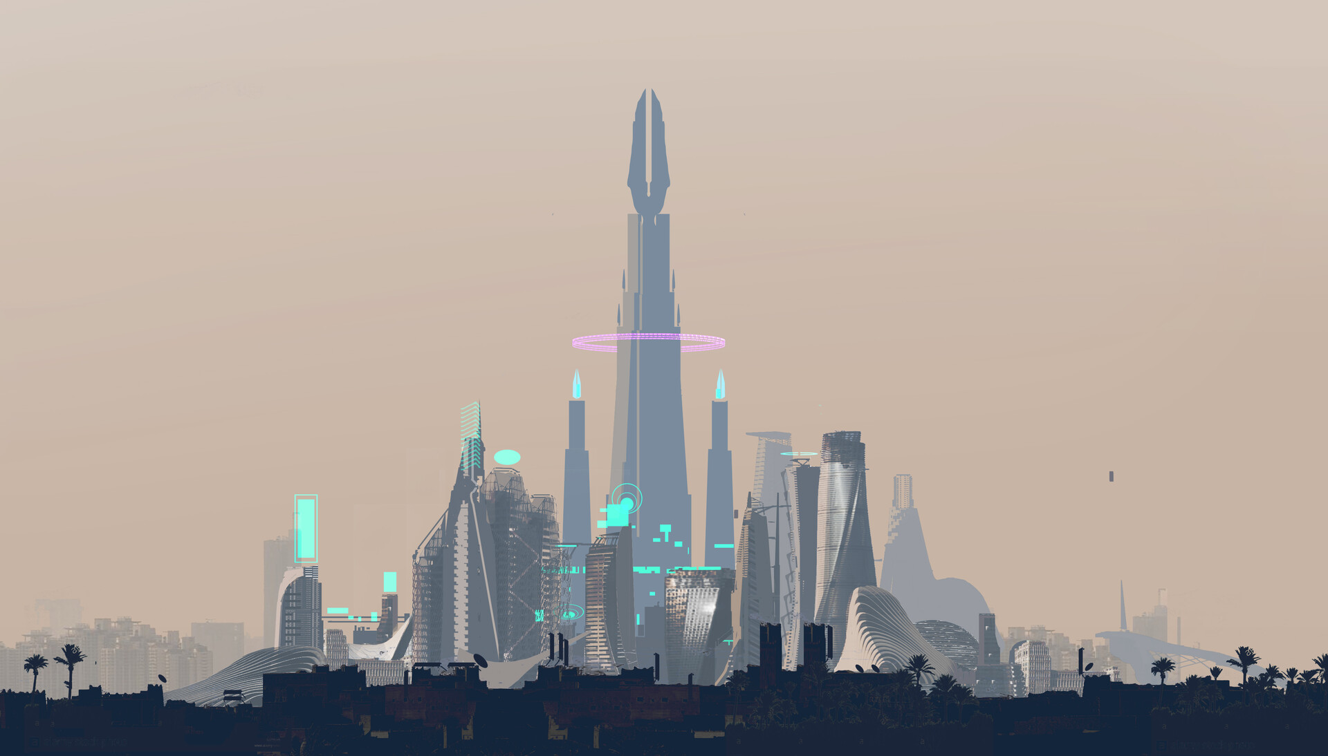 the image showcases a futuristic cityscape dominated by towering skyscrapers. the most prominent feature is a colossal central tower, its peak disappearing into the hazy sky. it's encircled by a luminous ring, suggesting advanced technology. other structures, varying in architectural styles, populate the cityscape. palm trees dot the foreground, offering a stark contrast to the metallic jungle beyond. the overall ambiance is one of a hazy, perhaps polluted, yet undeniably aweinspiring metropolis of the future.