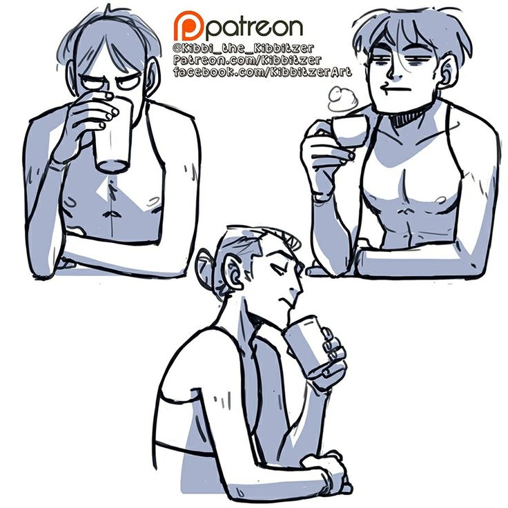three cartoon people in a cafe setting, drinking from mugs, looking relaxed and casual.  the two on the left are sitting, and the one on the right is standing. the drawing is in a simple, black and white style with a little bit of shading,  and the style is cartoonish, in a manga or anime style.