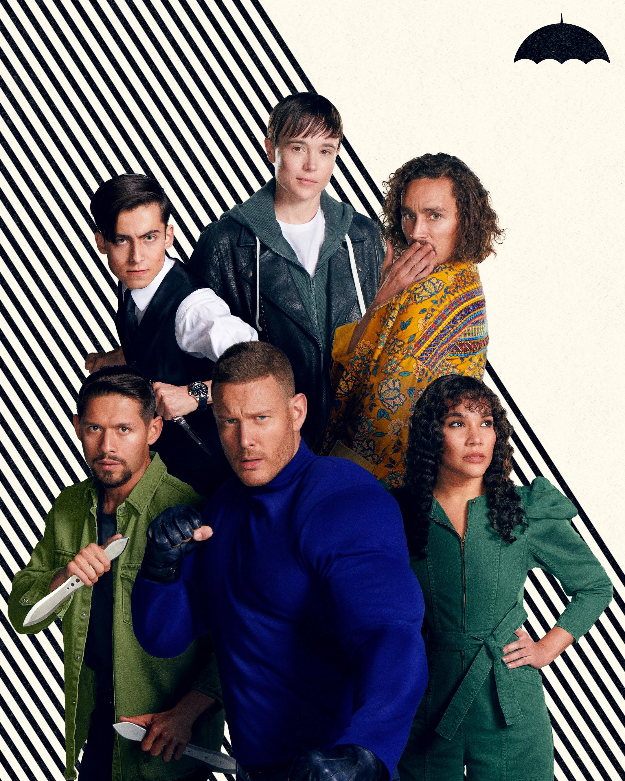 a promotional poster for season 3 of the netflix series "the umbrella academy." it features the six main cast members standing against a striped black and white background with the show's logo in the top right corner. they are all dressed in street clothes and some hold weapons, hinting at the action and drama to come.  each character displays a distinct expression, reflecting their unique personalities. the overall tone is intriguing and slightly quirky, reflecting the show's blend of genres.