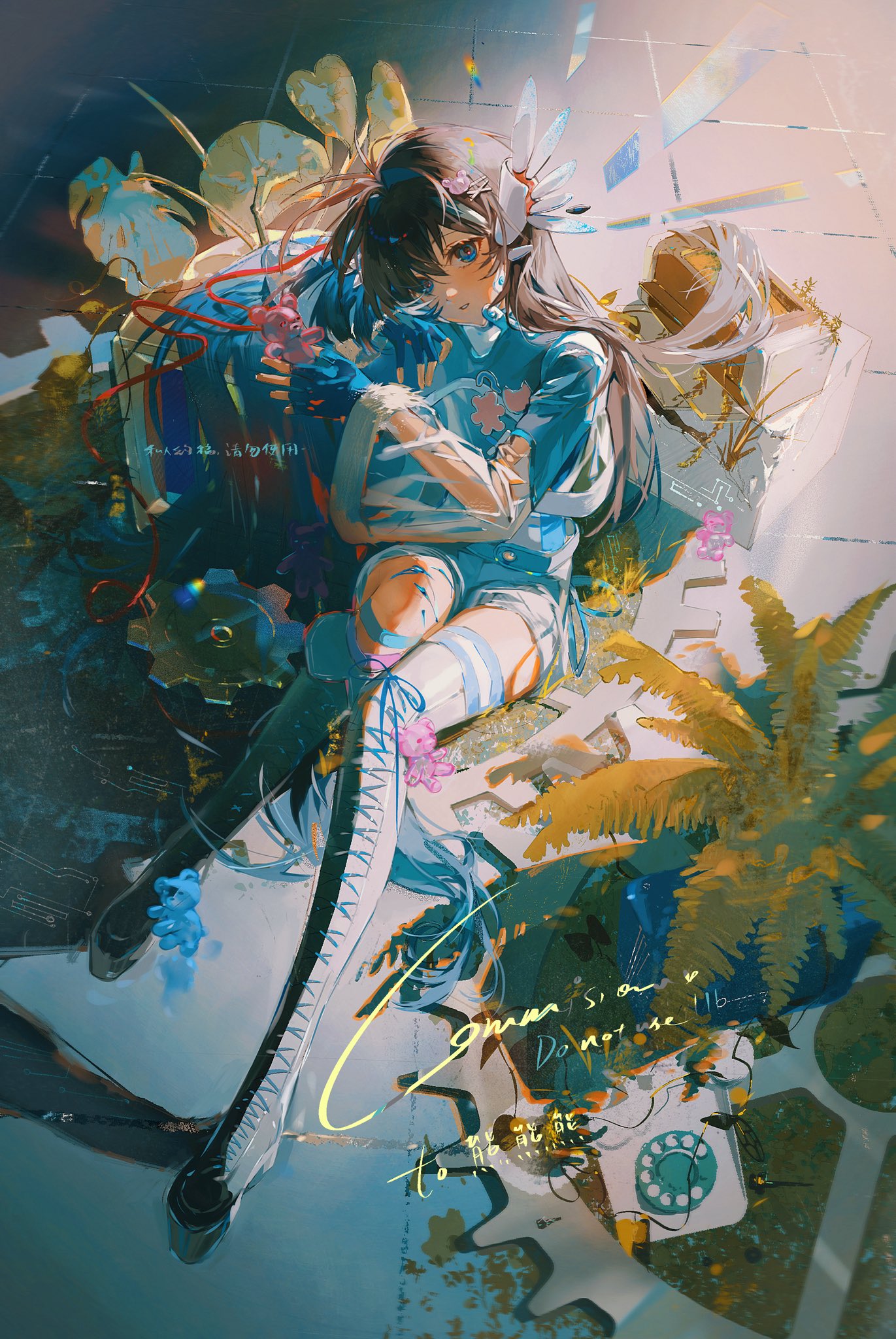 he image is a digital painting of an animestyle girl. she has long brown hair, blue eyes, and is wearing a light blue dress with white socks and boots. she is sitting amidst a variety of plants and gears, with a telephone visible in the lower right corner. the overall style is whimsical and surreal, with vibrant colors and a unique artistic style.
