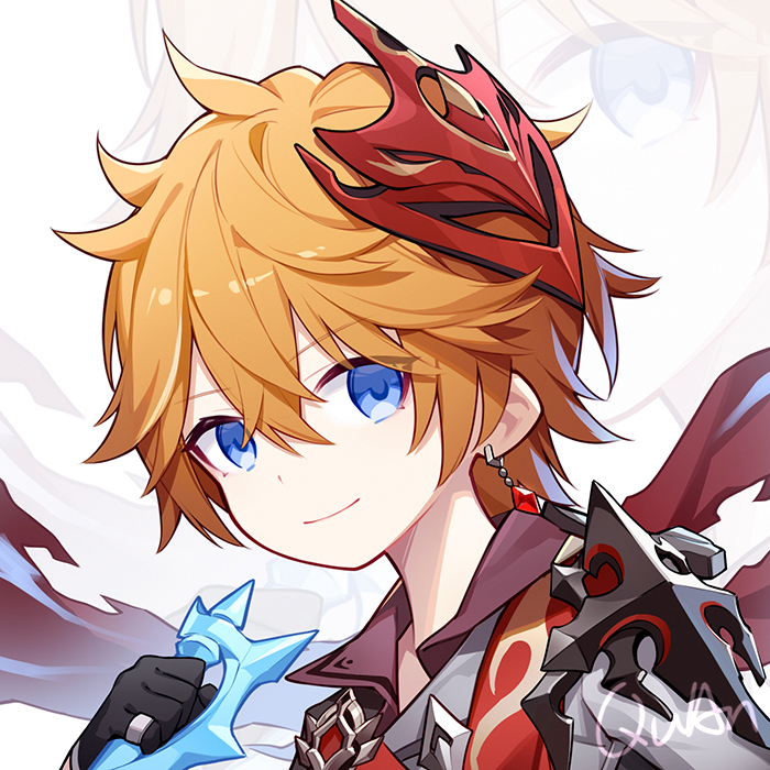 this is a digital illustration of an anime boy with blonde hair and blue eyes. he is smiling and holding a blue sword.  he is wearing a red and black costume with a mask and an earring. the image is set against a white background with some pink and red details.  he appears to be a character from a video game, possibly genshin impact.  the artist's signature is in the corner.