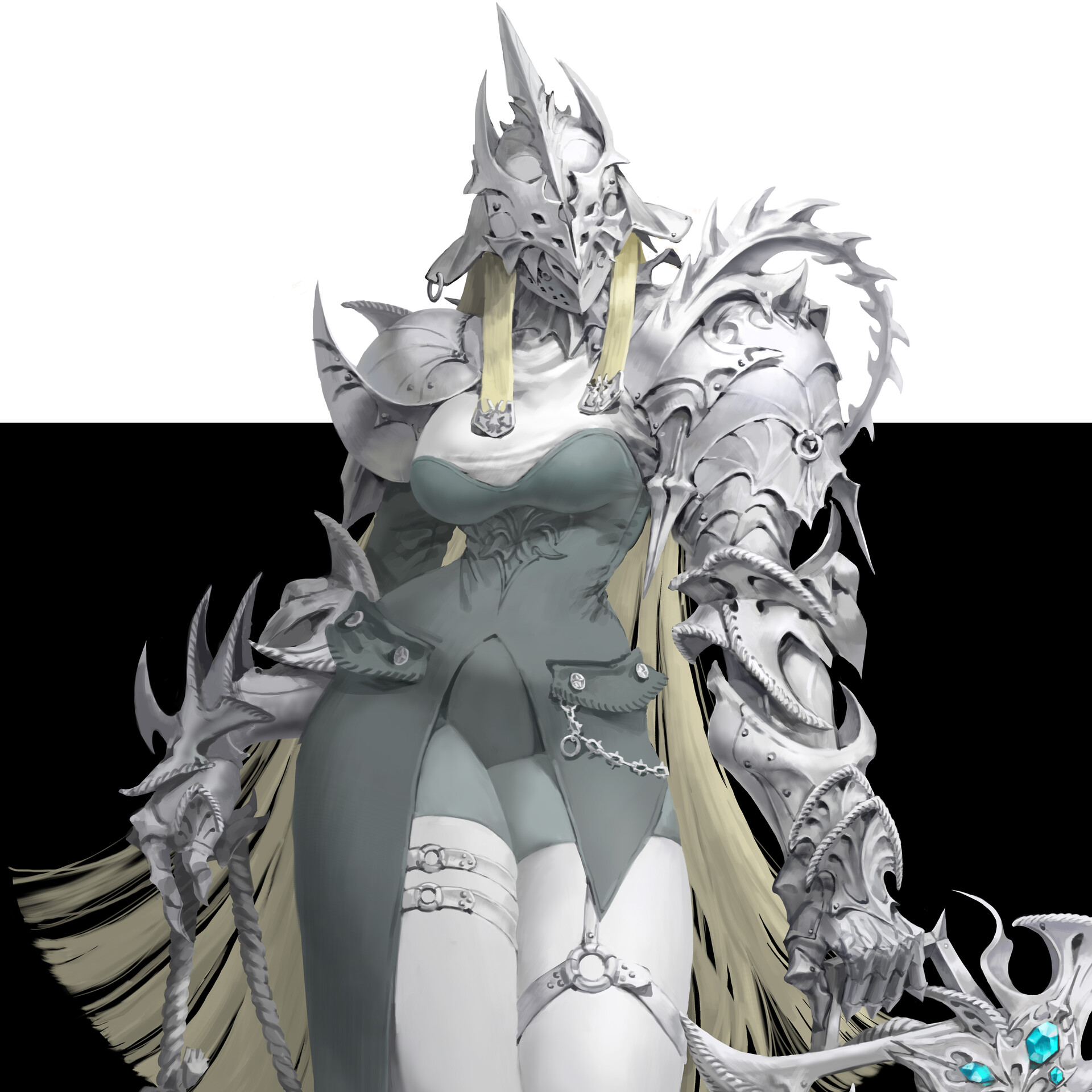 a grayscale digital illustration of a female warrior, clad in ornate, spiky silver armor.  she has long blonde hair and wields a large, elaborate weapon, partially visible in the lower right corner. the background is a stark black and white.