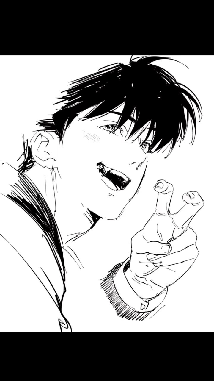 a black and white line drawing of a young animestyle male character. he has dark hair, a somewhat mischievous smile, and is making a peace sign with his hand. the style is expressive and slightly sketchy. the character appears to be wearing a collared shirt or uniform.
