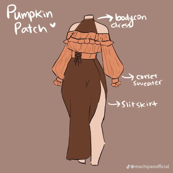a fashion design illustration of an outfit called "pumpkin patch." the outfit includes a long brown skirt with a slit, an orange corset sweater, and an orange bodycon dress worn as a top.