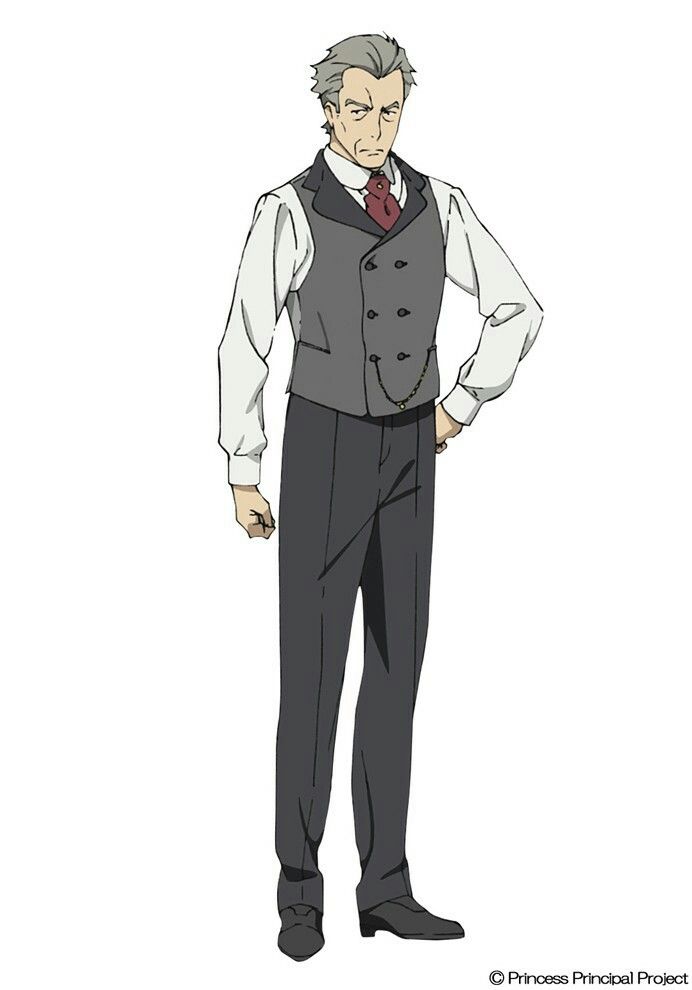 the image is an illustration of an anime character. he is a man with grey hair and a serious expression. he is wearing a suit that consists of a white shirt, grey vest, grey pants, and black shoes. the man is standing with his left hand on his hip, his right hand relaxed at his side, and he is looking towards the right side of the image.