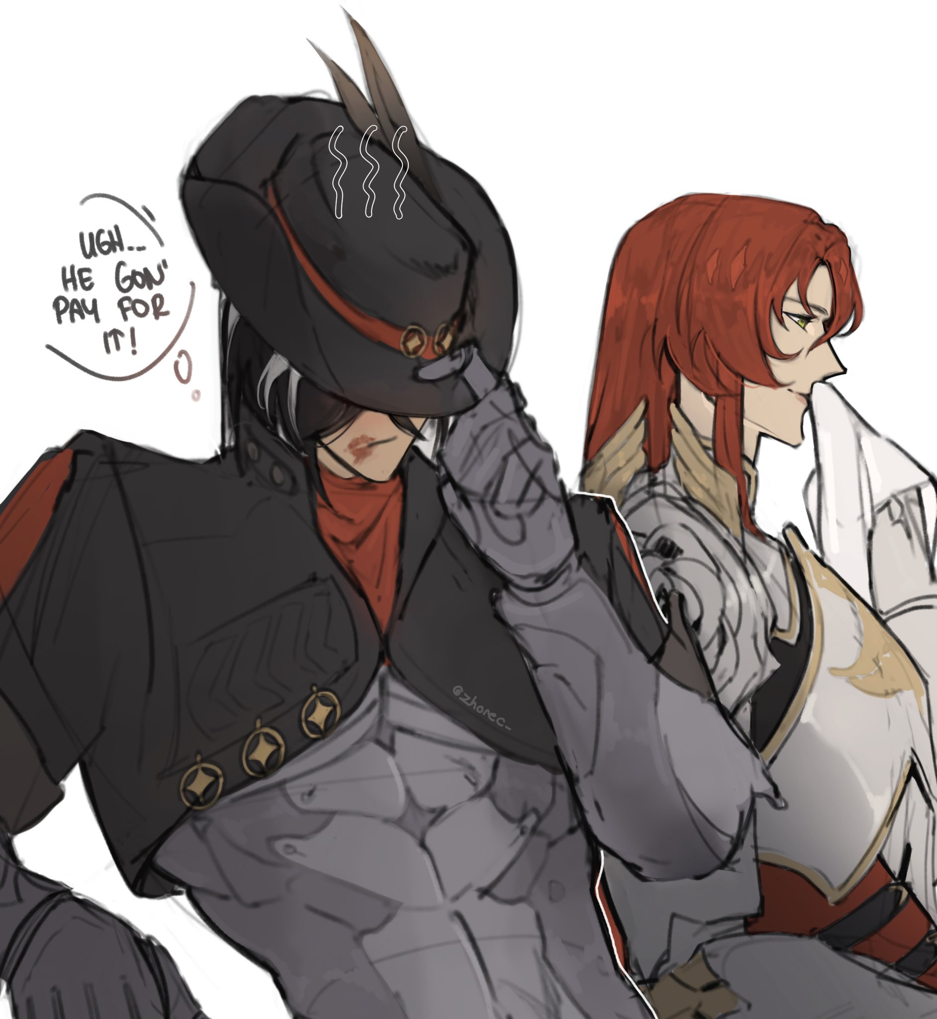 the image is a digital fanart depicting two male characters, seemingly inspired by anime or manga style. one character wears a black cowboy hat and a dark jacket with golden accents, while the other has long red hair and elaborate armor. the first character is shown with a slightly angry expression, and a speech bubble indicates frustration ("ugh... he gon' pay for it!"). the style is loose and sketchy, giving it an unfinished look. the overall composition implies a narrative moment between the two characters, suggesting possible conflict or tension.  there are stylistic cues that strongly suggest the characters are from genshin impact, specifically arataki itto (cowboy character) and albedo (redhaired character).