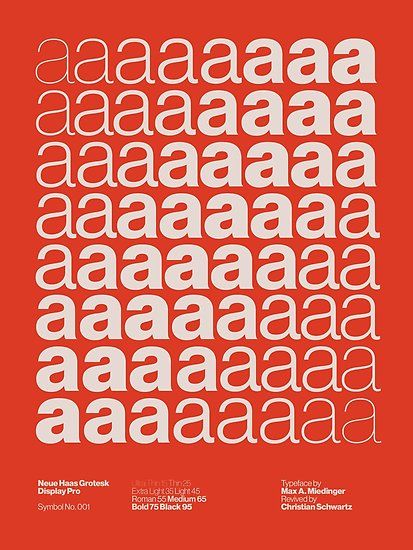 the image is a typography poster featuring the "neue haas grotesk display pro" font. it showcases the lowercase "a" glyph in various weight variations from thin to black, arranged in rows on an orange background. the poster also credits max a. miedinger as the original typeface designer and christian schwartz for reviving it. additional text provides information about the different font weights available in the family.