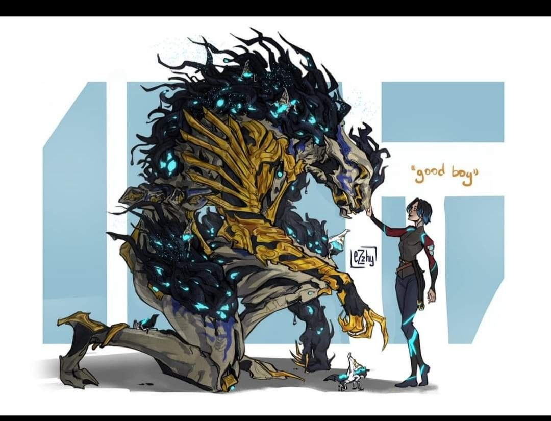a woman pets a large, monstrous creature with a bony face, glowing blue markings, and smaller creatures crawling on it. the creature is hunched over, resembling a dog. a smaller version of the creature stands beside them. the style of art is cartoon and slightly blurry in some places. the background is simple and white.