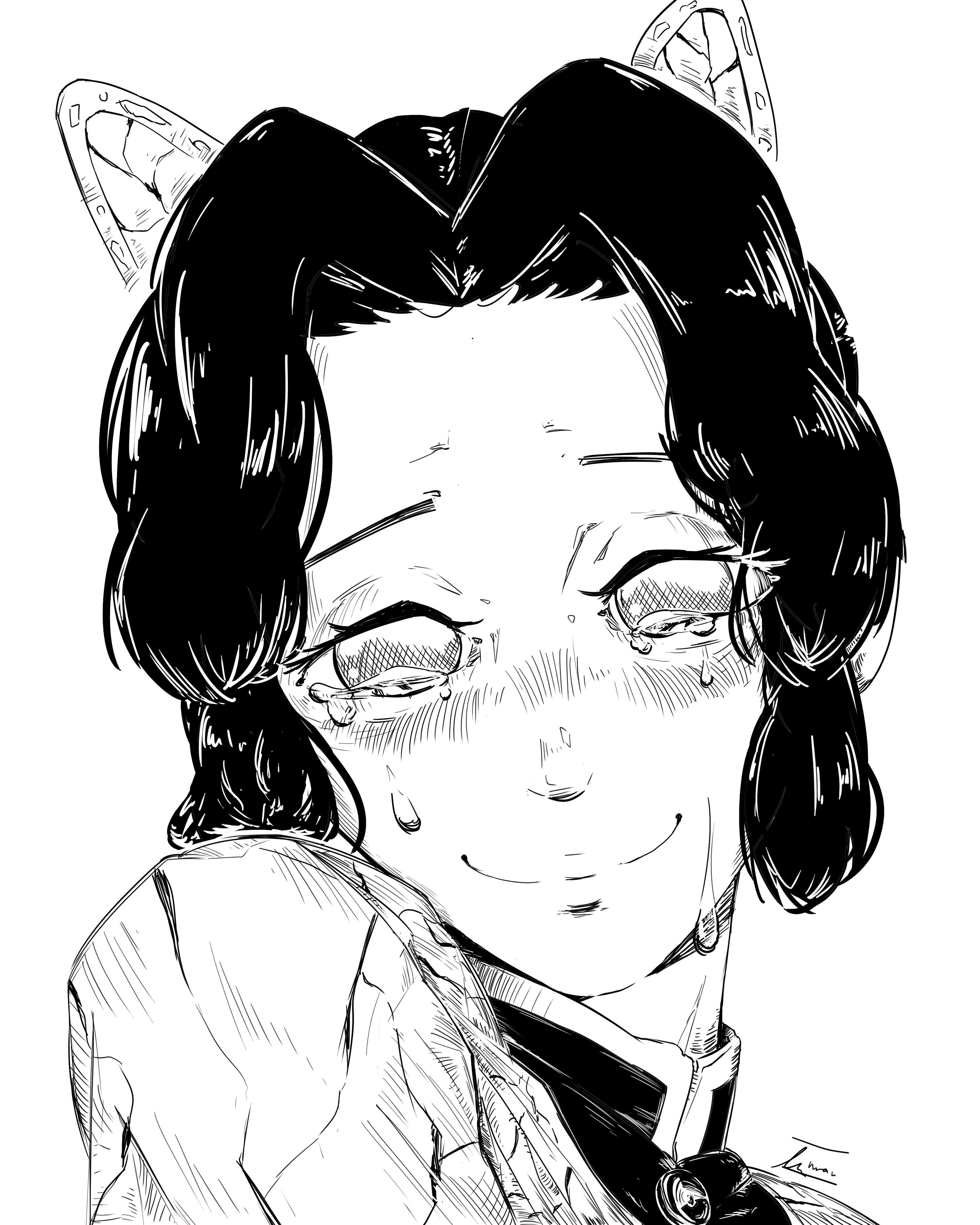this is a black and white line art drawing of an anime girl. she has long black hair, and she is wearing a kimono. she has tears running down her cheeks, but she is also smiling. the drawing is very detailed and expressive. it is an illustration of a female character from anime or manga.