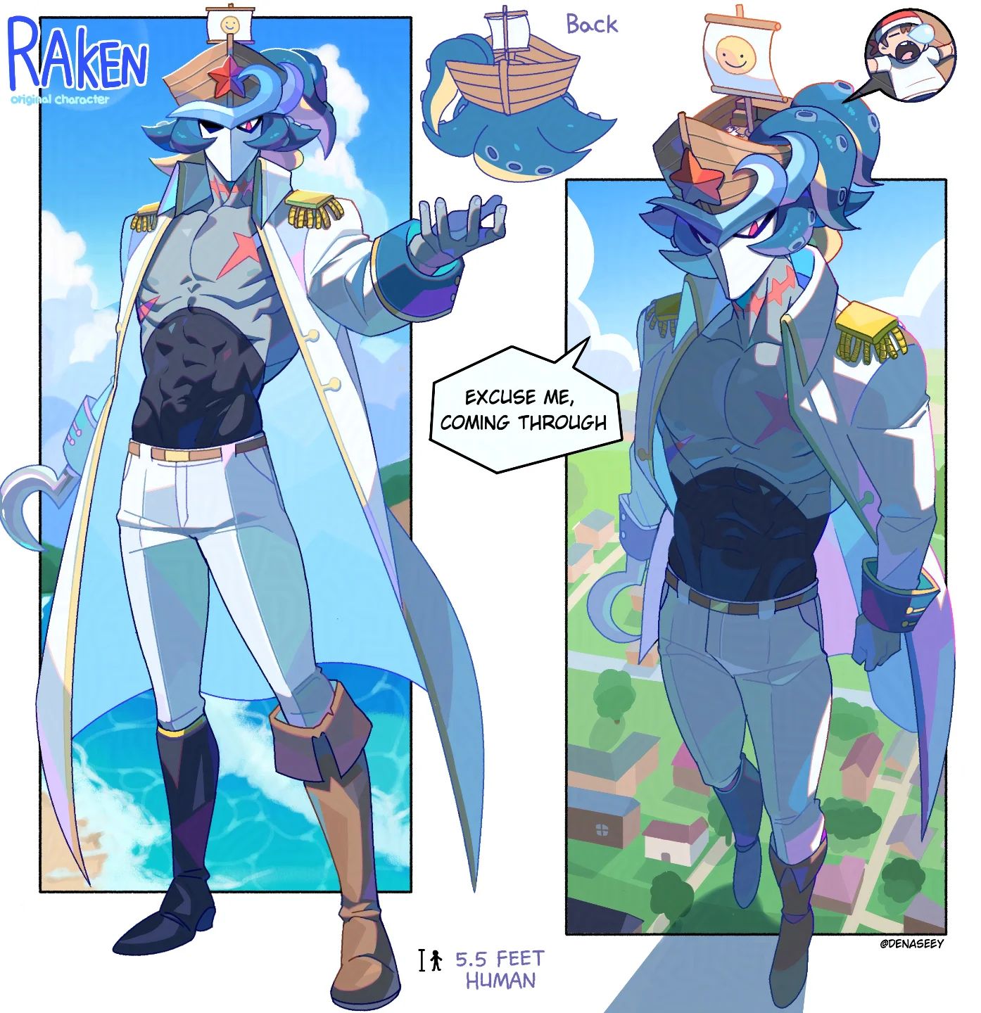 this is a digital artwork showcasing a character named "riaken," an original character design.  the illustration presents riaken in a front and back view.  riaken is a tall, humanoid krakenlike being with light blue skin, wearing a white and blue captain's outfit with brown boots. they have a masklike face and octopuslike hair.  a small speech bubble says, "excuse me, coming through". the back view shows a smaller illustration of riaken in their octopus form with a ship on their head. additional details include the character's height in comparison to a human (5.5 feet). the style is vibrant and cartoonish, using a pastel color scheme. the background includes a seaside setting and a small town, contributing to the nautical/fantasy aesthetic.