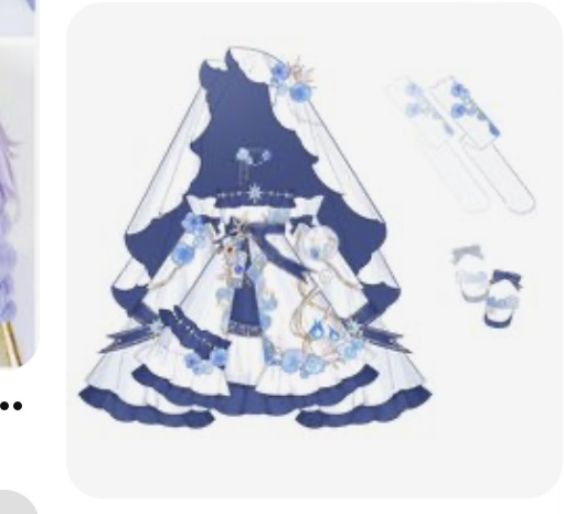 a digital illustration showcases a lolita fashion outfit design against a plain white background. the focal point is a stunning blue and white dress adorned with delicate blue floral patterns. the dress features a short, ruffled skirt with layers of white fabric embellished with blue lace trim and floral accents.  a blue bodice with white accents and a charming blue bow tied at the waist completes the dress. it's paired with an elegant white veil draped over the head, decorated with matching blue floral patterns, and complemented by white gloves and socks with blue bows. the overall design exudes a whimsical, romantic, and ethereal charm.