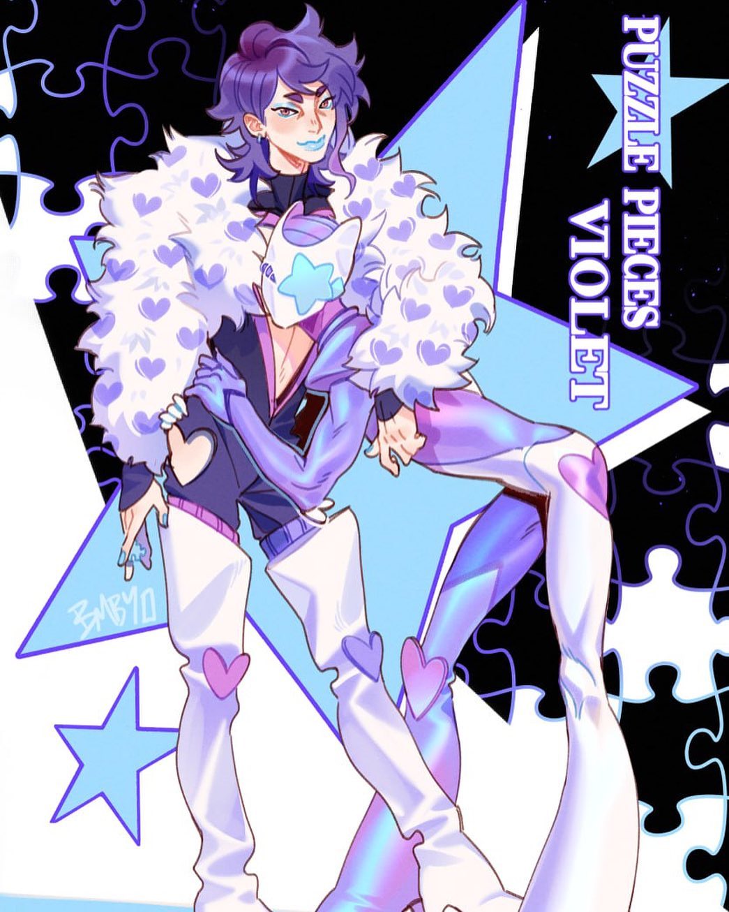 he image is a digital fanart depicting two animestyle characters. the character on the left is a boy with purple hair and a white fur coat with small purple hearts. the character on the right is a girl with a starshaped mask, wearing a shiny purple and white outfit. they are embracing and posed against a background of large blue stars and black puzzle pieces. the overall style is vibrant and stylized, suggesting fantasy or magical girl elements. the title "puzzle pieces violet" is written vertically on the right.