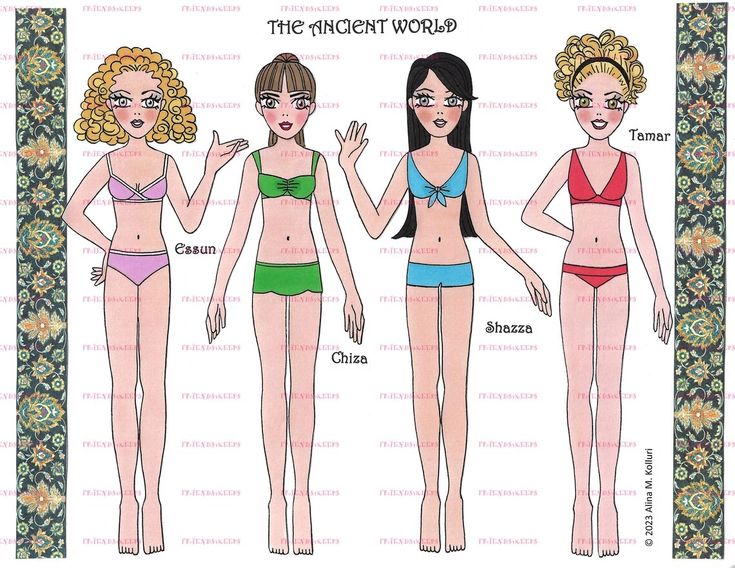 the image shows four paper dolls named essun, chiza, shazza, and tamar, dressed in bikinis, with the title "the ancient world" at the top. each doll has a different hairstyle and bikini color. the image has a cartoon style and is surrounded by ornate patterns on the sides. the copyright notice indicates it was created in 2023 by alina m. kolluri.