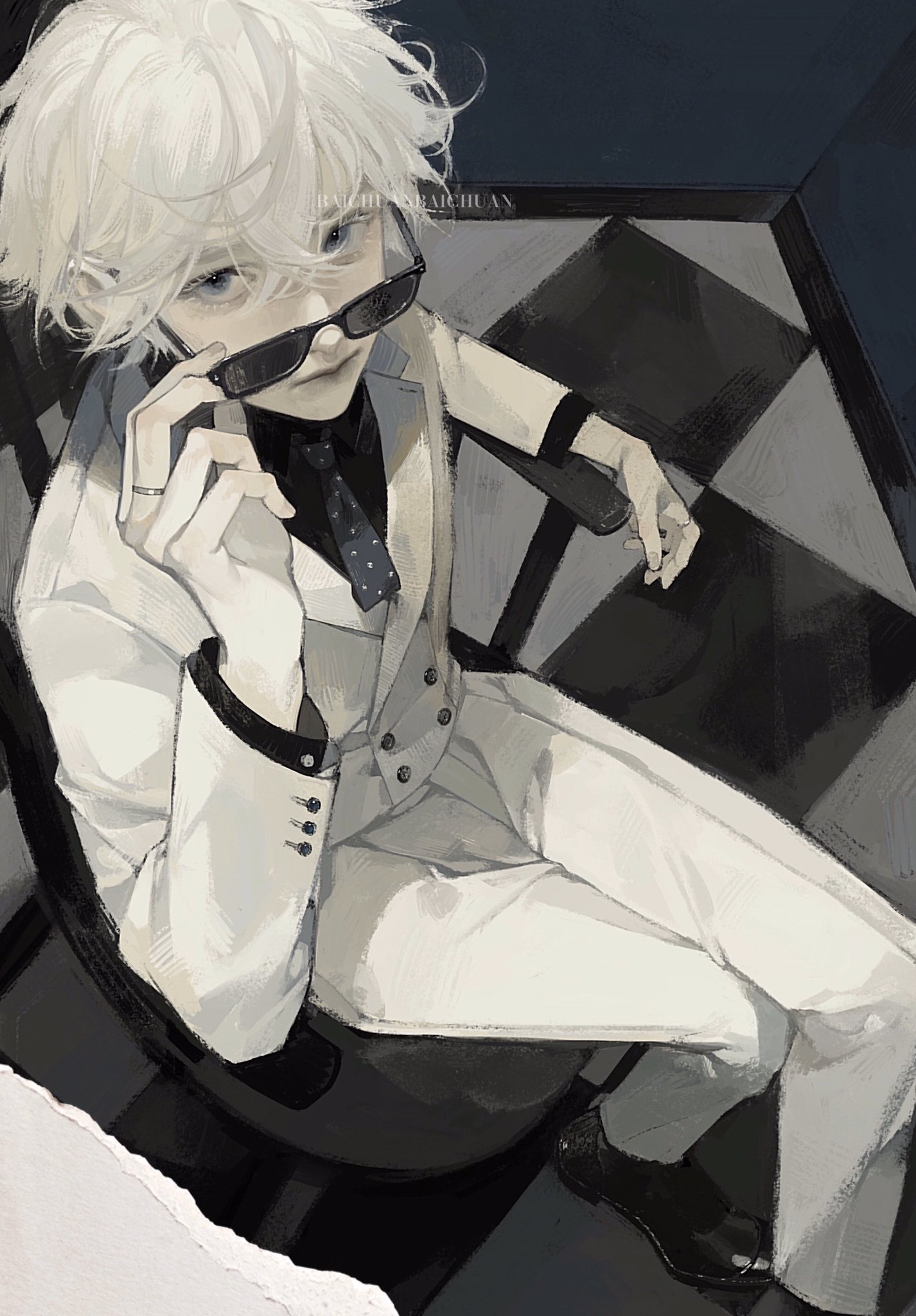 a drawing of an anime boy with white hair wearing a white suit and sunglasses, sitting in a chair and looking at the camera. the boy is serious in his expression and has a stylish look.