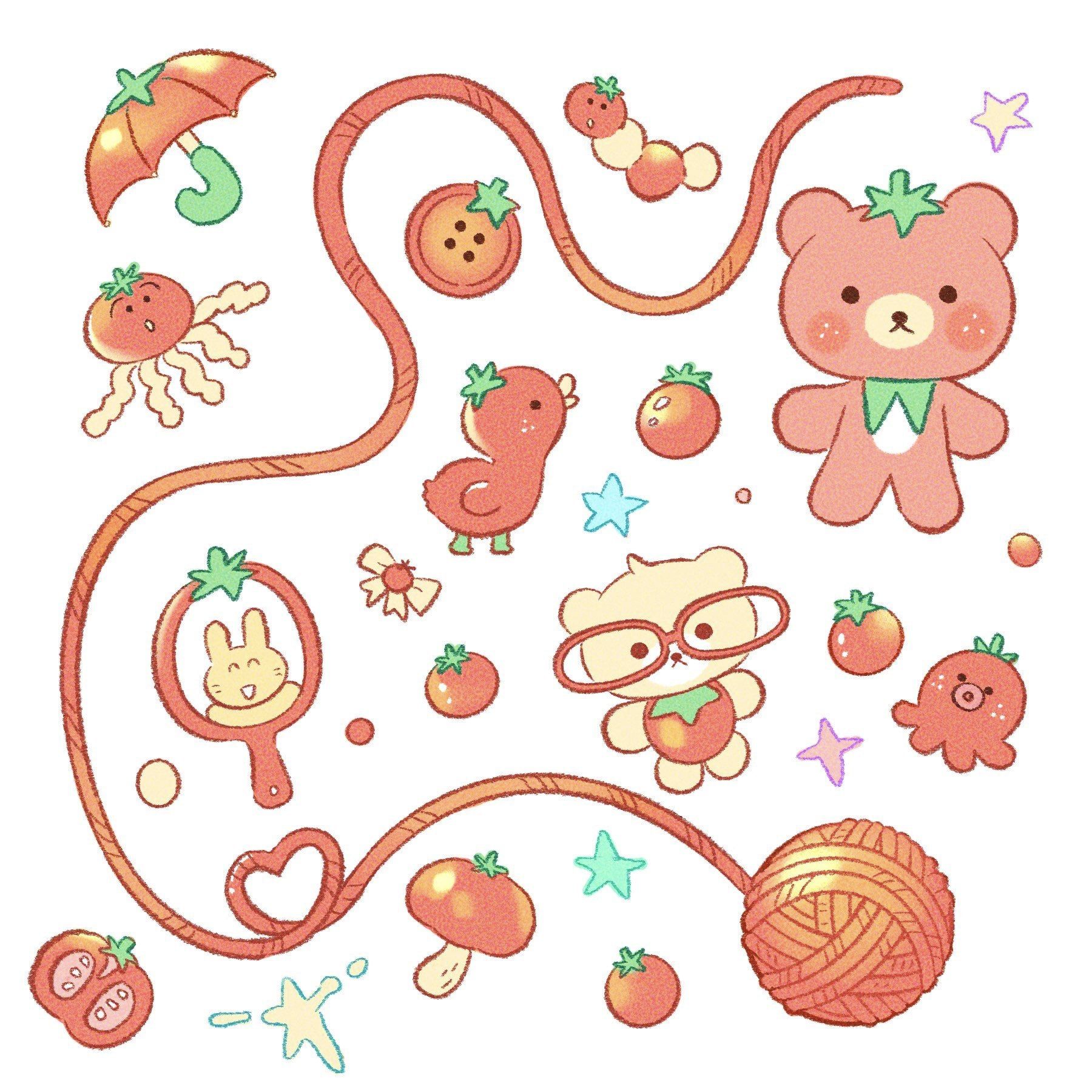 his is a whimsical illustration featuring a variety of cute characters and objects, all with a tomato or strawberry theme.  there's a teddy bear, a bunny in a mirror, a chick, an octopus, yarn ball, and other small details such as a tomato umbrella and a caterpillar made of tomatoes. the overall style is kawaii, with pastel colors and soft lines.  a continuous orange string weaves through the elements, connecting them visually.