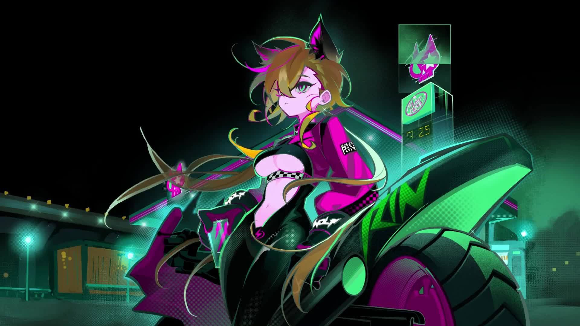 a futuristic anime girl with long blonde hair and cat ears is riding a motorcycle in front of a gas station. she is wearing a black racing suit with a pink jacket and a checkerboard pattern across her chest. the motorcycle is black and green with pink and purple highlights. the background is a neonlit city street.