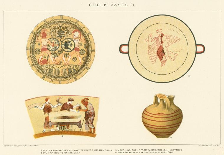 the image is of a page of greek vases. there are four different types of vases pictured. the first is a plate from rhodes depicting the combat of hector and menelaus. the second is a cylyx depicting aphrodite on the swan. the third is a mourning scene from a white athenian lecythus. the fourth is a mycenaean vase that is a falsenecked amphora.