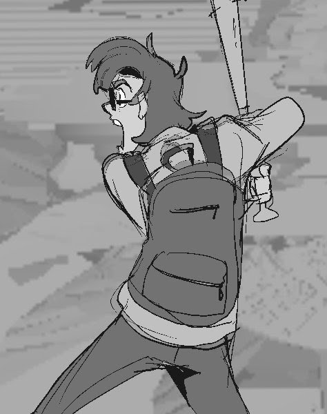 a monochrome illustration of a male anime character running while holding a baseball bat. the character is wearing a backpack and glasses.