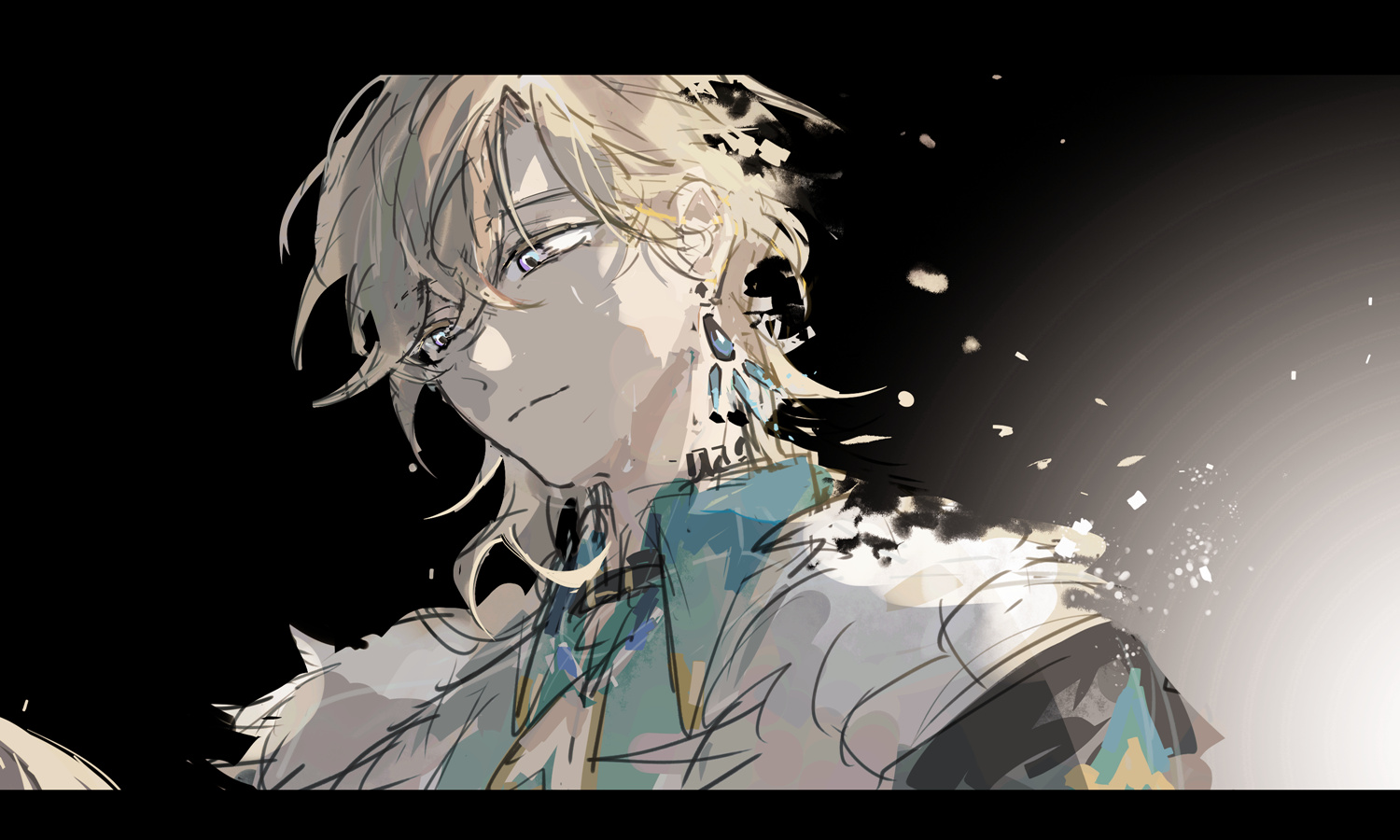 this is a digital art illustration of an anime or manga styled boy. he has long, white hair, with blue and green highlights. he is wearing a light blue shirt and gold jewelry. he has light skin, detailed facial features, and blue eyes. he is wearing an earring on his right ear. he is looking out of the frame of the image in a serious expression. he is in the forefront of the image, with a blurred background of a black to white gradient.