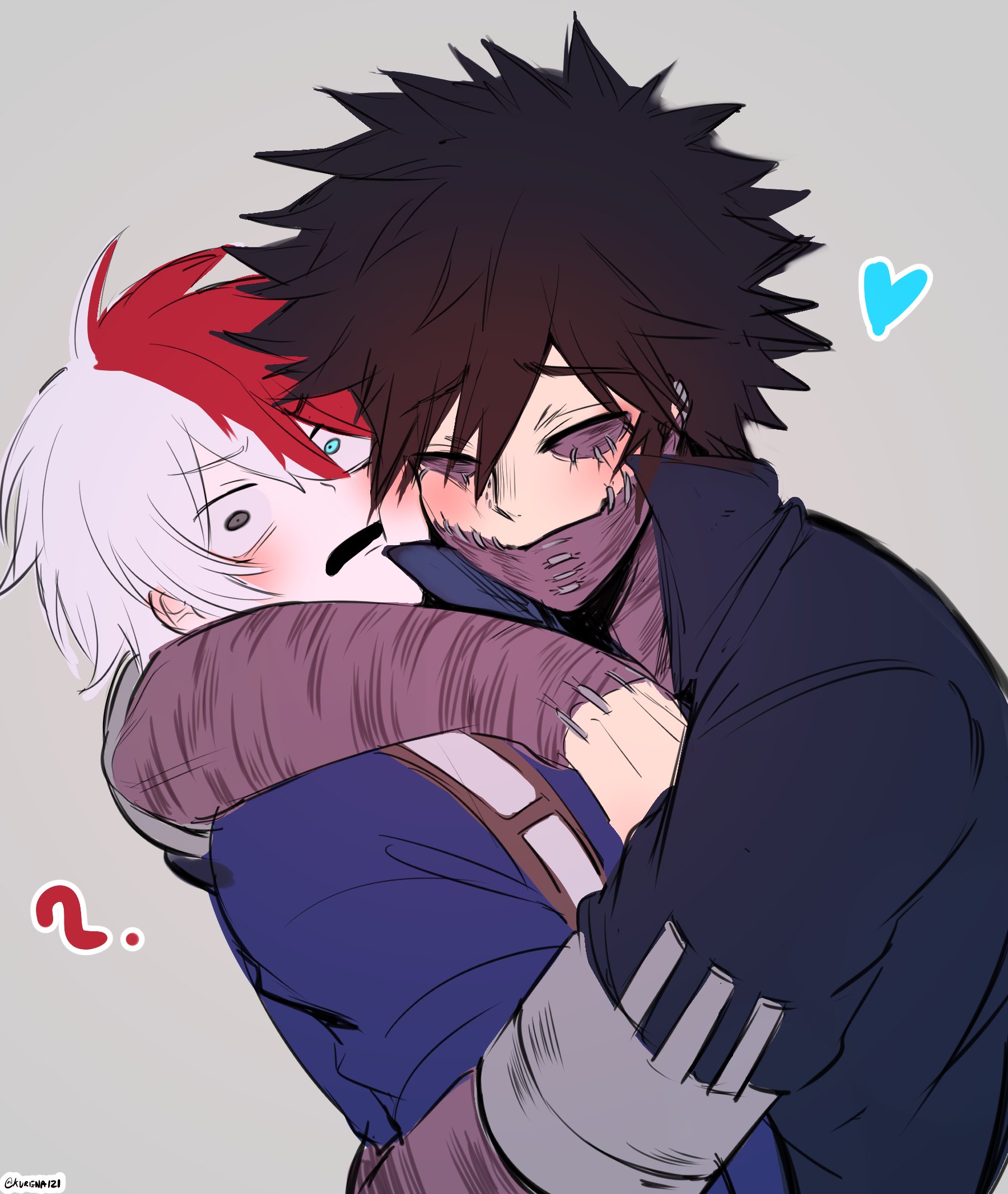 this is a digital illustration of two anime boys hugging. the boy on the left has white hair with a red streak and blue eyes. the boy on the right has black spiky hair with blue eyes and has scars on his face. the boy on the left is hugging the boy on the right and is leaning his head on the boy's shoulder. the boy on the right is holding the boy on the left close to him and is smiling. they look very happy to be together. the background is a light gray color. there is a heart drawn in blue on the upper right side of the image.  the image is drawn in a cartoon style.