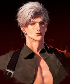 this is a digital illustration of a young man with white hair and blue eyes. he is wearing a brown jacket with a white collar and a black strap over his shoulder. he has a serious expression on his face. the background is a dark, blurry red.