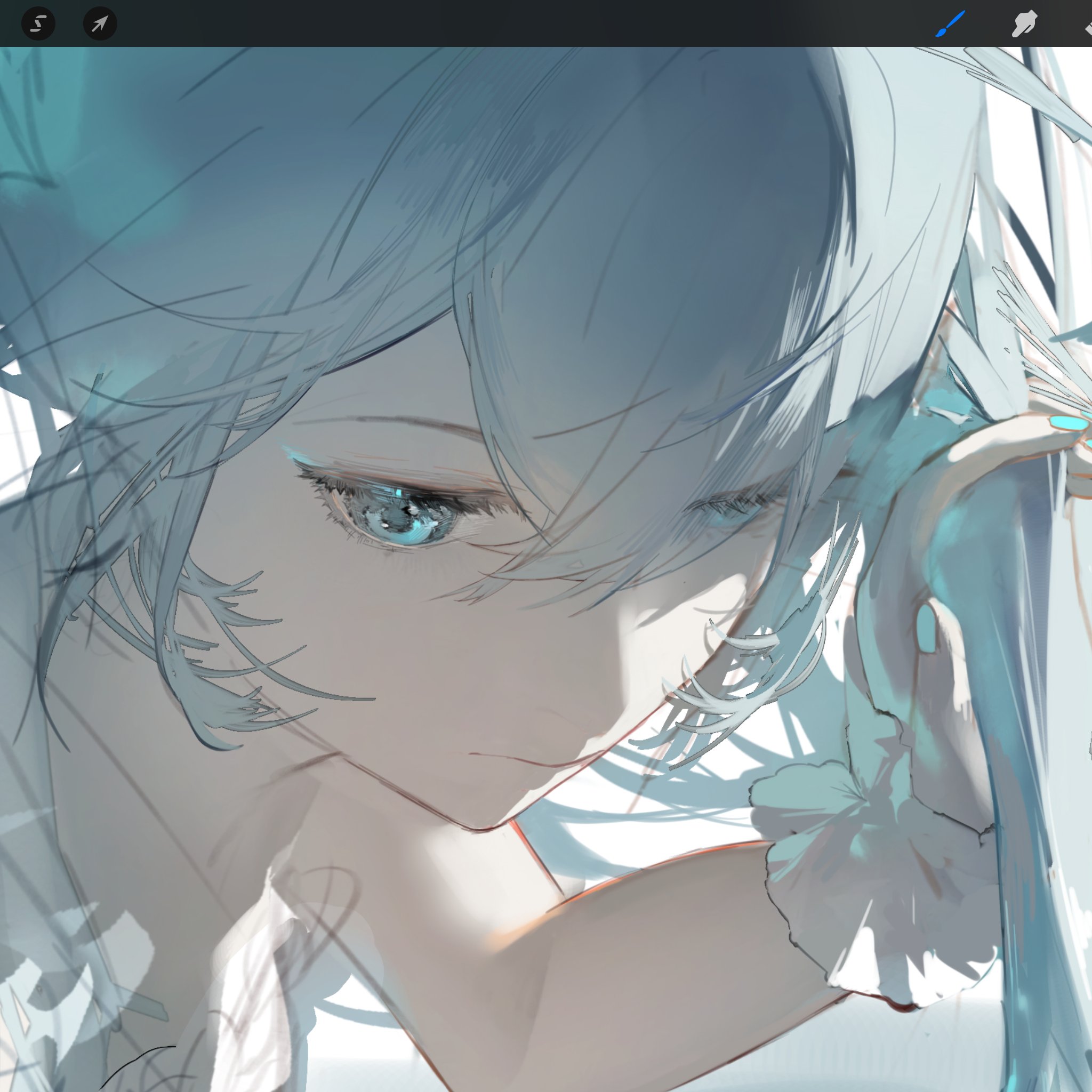 the image is a digital painting or illustration of an animestyle girl.  she has long, flowing white hair with hints of light blue, and large, expressive blue eyes.  her skin is pale and her overall appearance is ethereal and delicate. the style is soft and dreamy, with subtle light and shadow creating a sense of depth. she appears to be interacting with or near a translucent, aquacolored object that seems to be water or a similar substance. the focus is on her face and upper body, emphasizing her features and the flowing nature of her hair. the overall aesthetic is graceful and elegant, suggestive of fantasy or a dreamlike setting.  the art style hints at a manga influence with the distinct features and color choices.